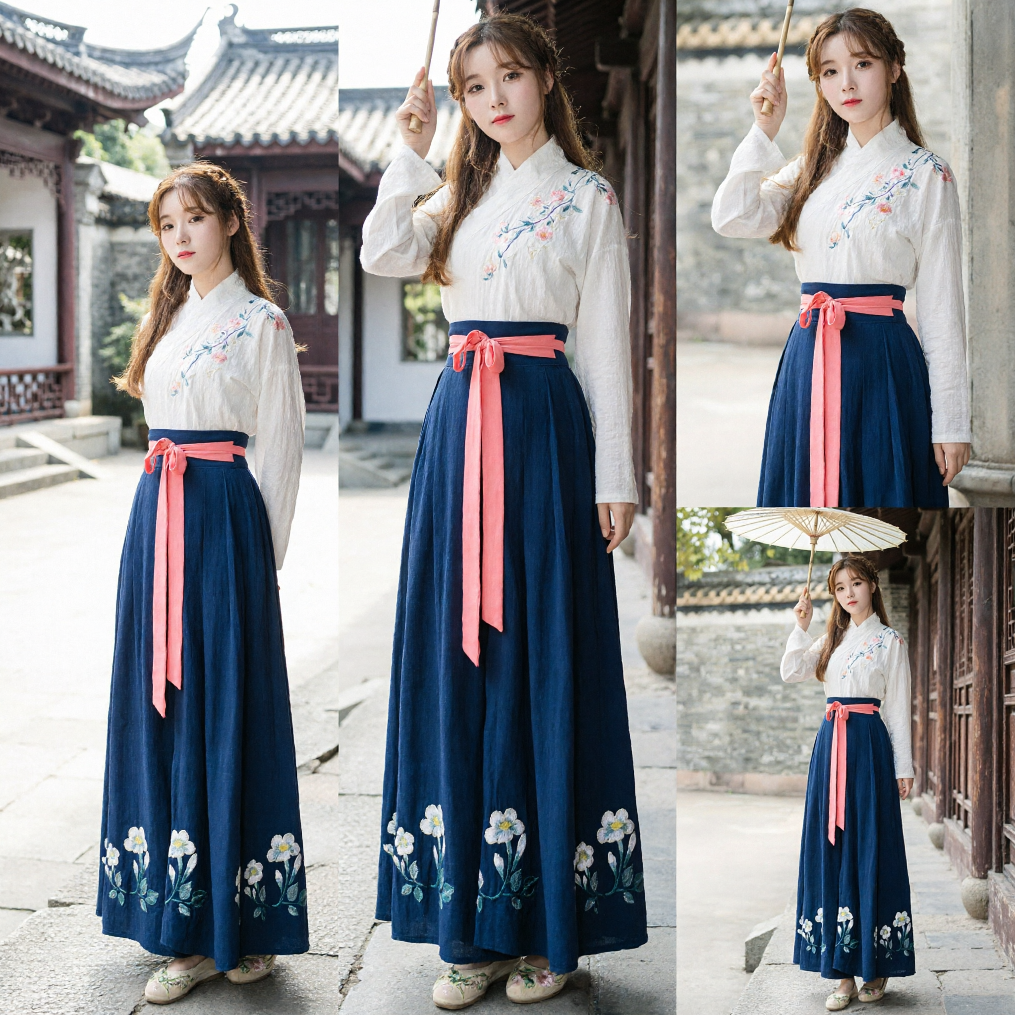 Traditional Chinese Hanfu Clothing Set for Women Elegant White Embroidered Blouse and Navy Blue Pleated Skirt