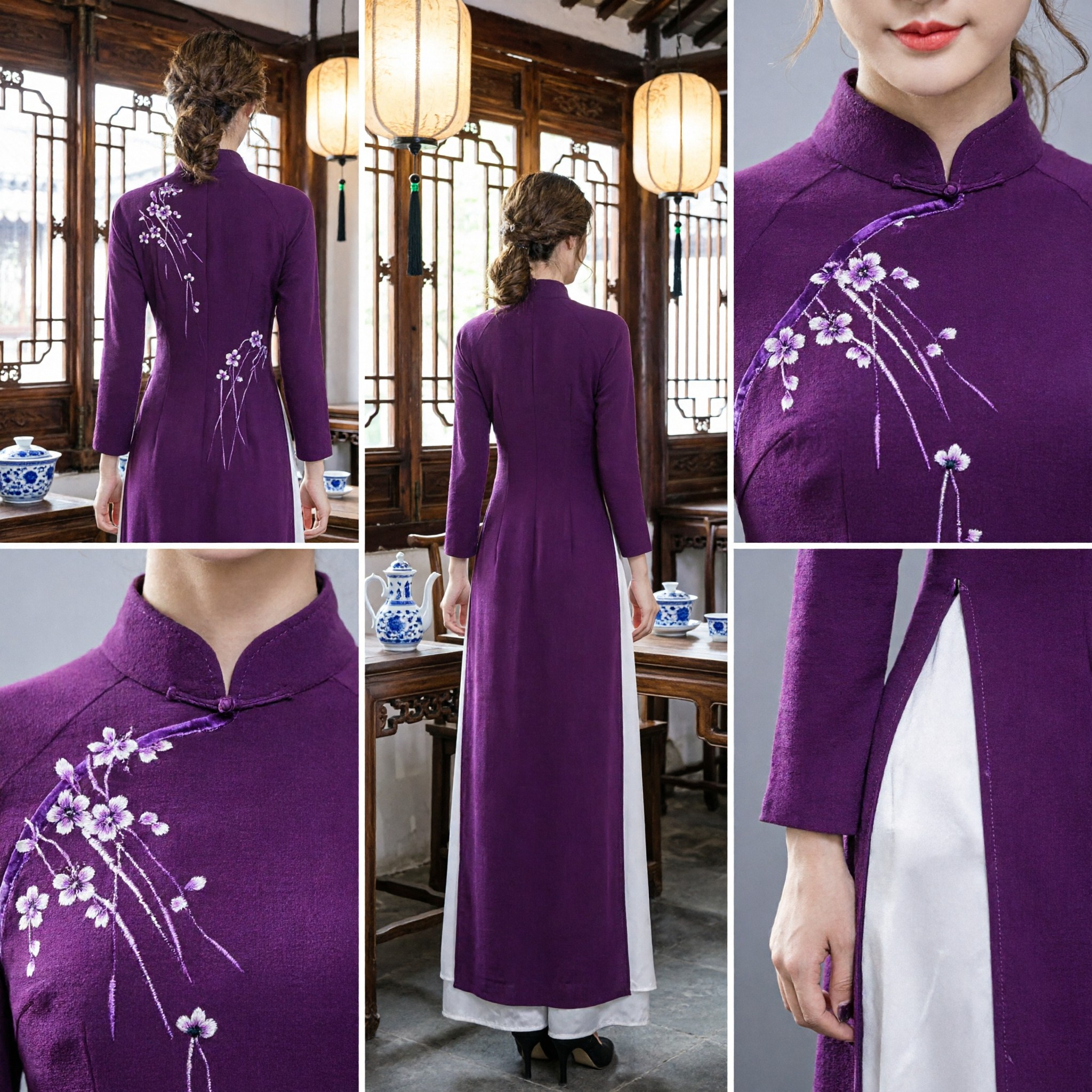 Women's Elegant Purple Traditional Asian Dress with Floral Embroidery Long Sleeve Cheongsam for Formal Events