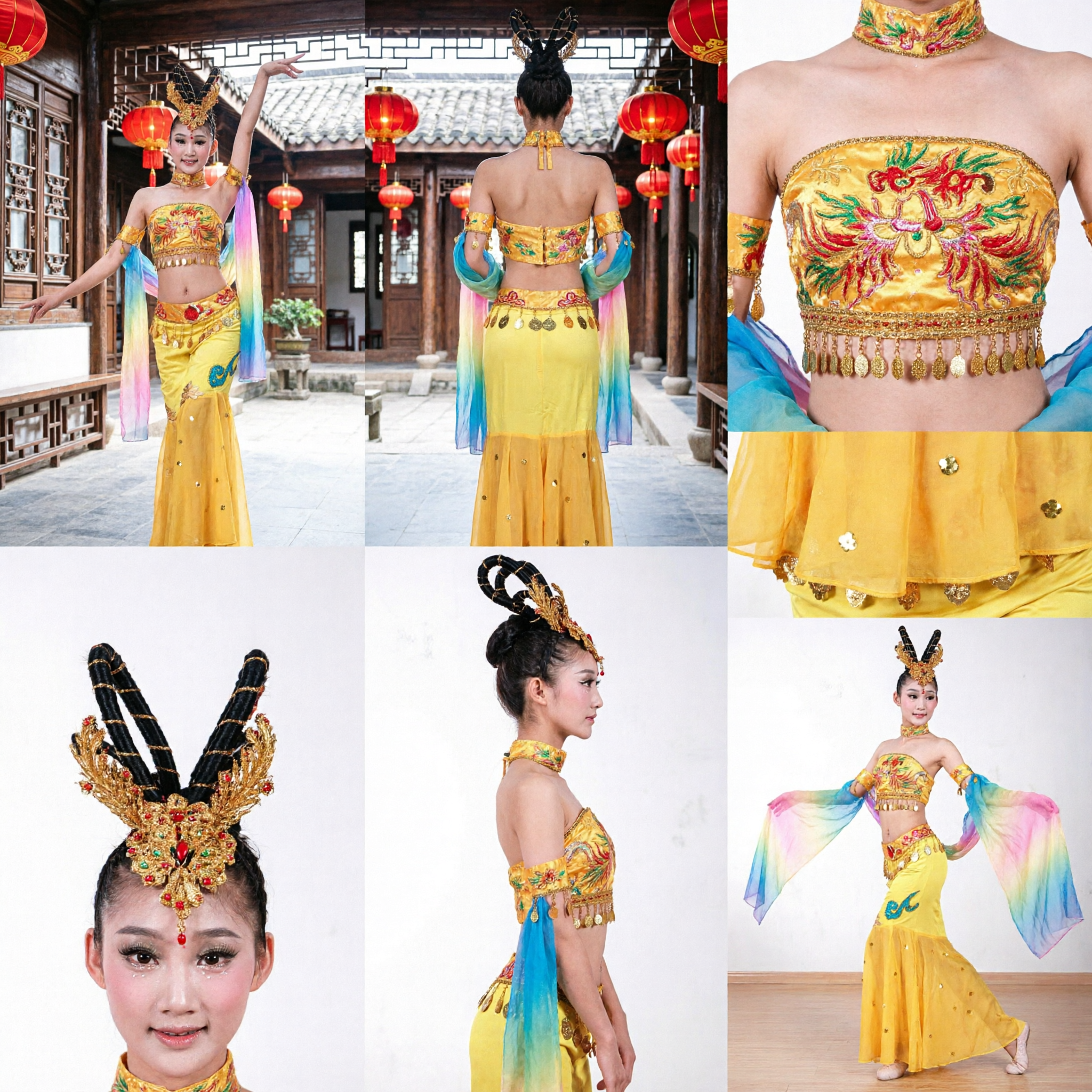 Yellow Chinese Classical Dance Costume for Girls Kids Dunhuang Flying Apsara Ribbon Stage Performance Dress