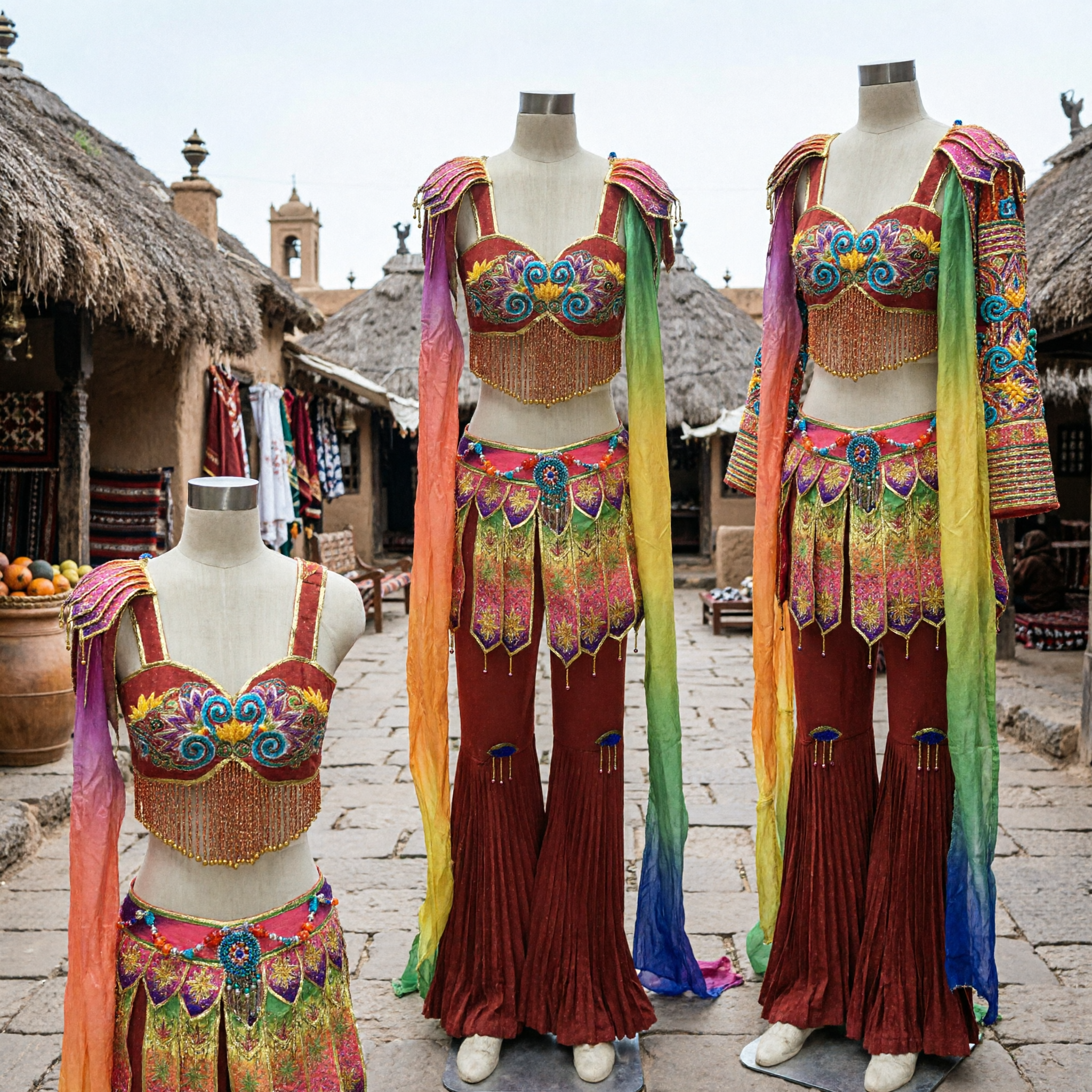 Traditional Chinese Dai Peacock Dance Costume for Women Stage Performance with Rainbow Sleeves and Gold Fringe
