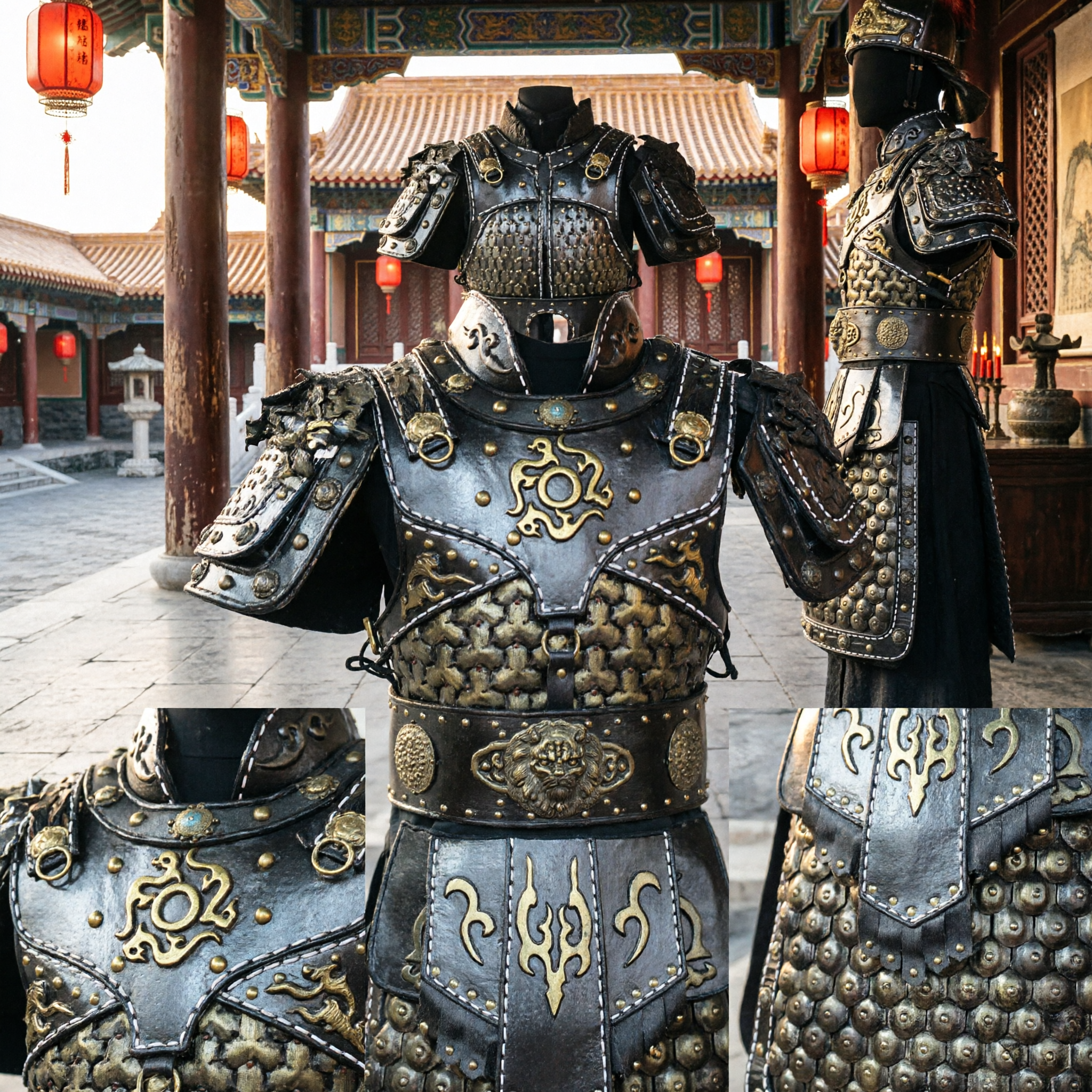 Ancient Chinese General Armor Black Gold Scale Mail Cosplay Costume for Men Historical Reenactment Stage Performance