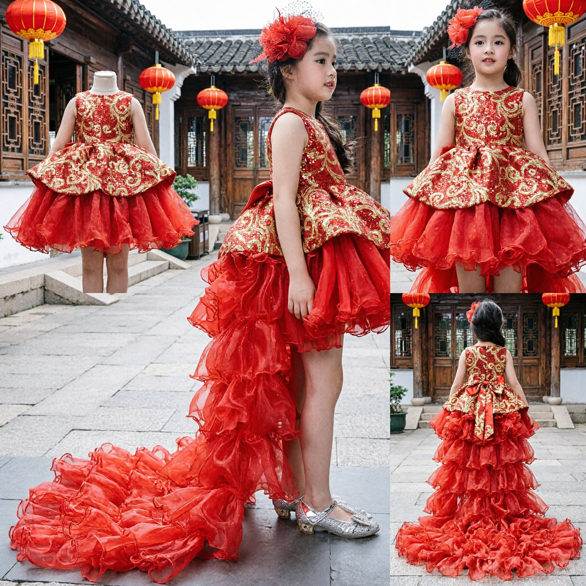 Kids Girls Red Chinese Wedding Dress Gold Embroidery Flower Girl Gown Long Train Traditional Party Costume