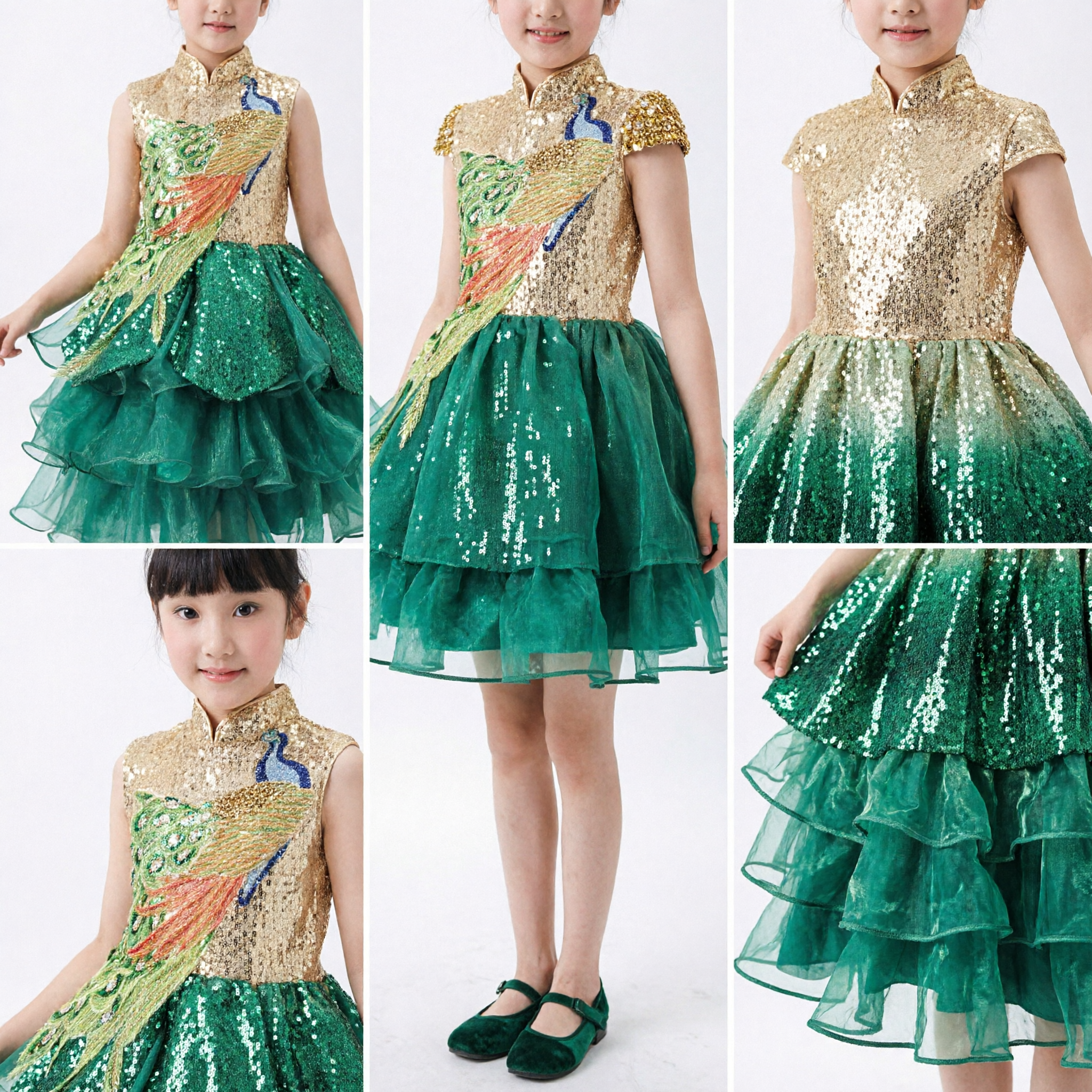 Girls Peacock Dance Costume Green Sequin Stage Dress Traditional Chinese Folk Performance Outfit for Kids