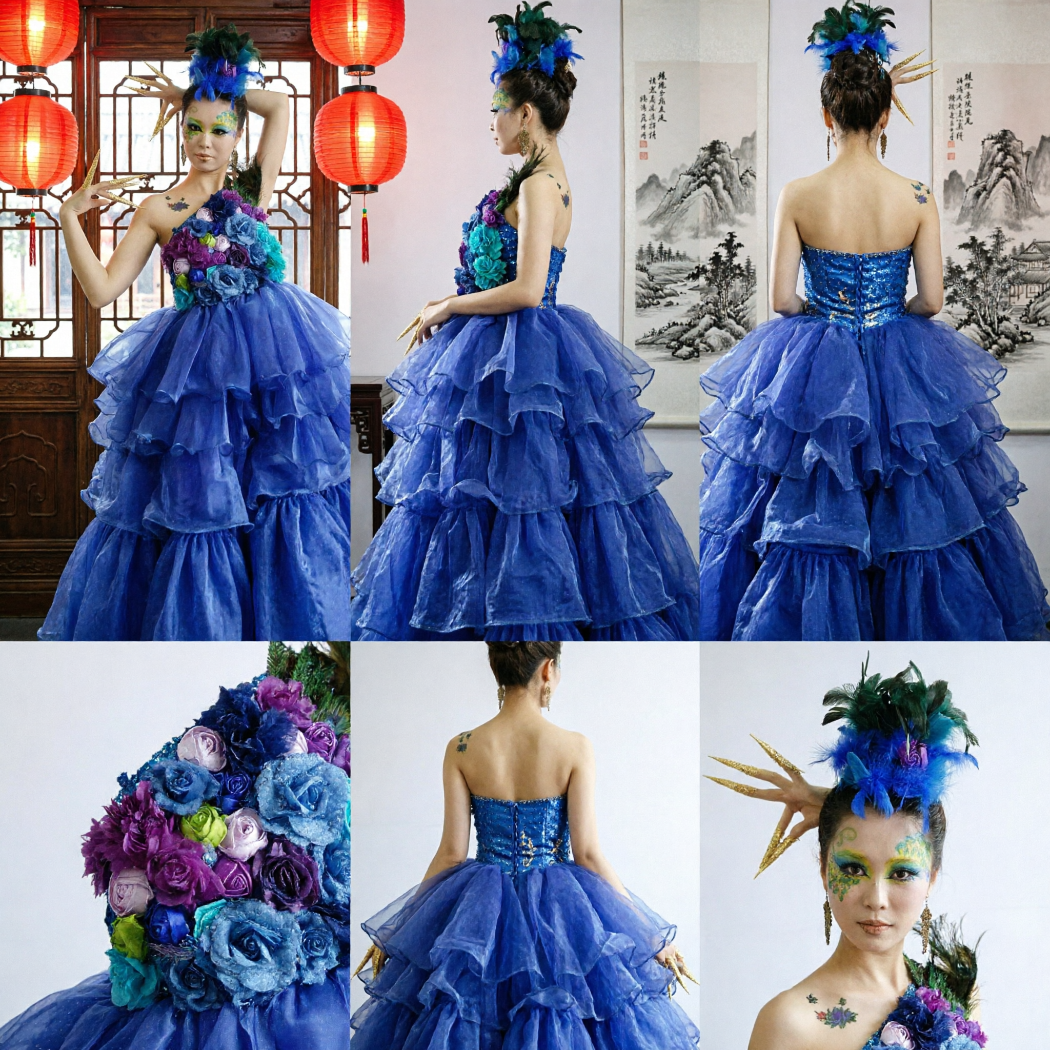 Avant-Garde Blue Floral Fantasy Gown with Feather Headpiece for Stage Performance, Beauty Pageants, and Theatrical Shows