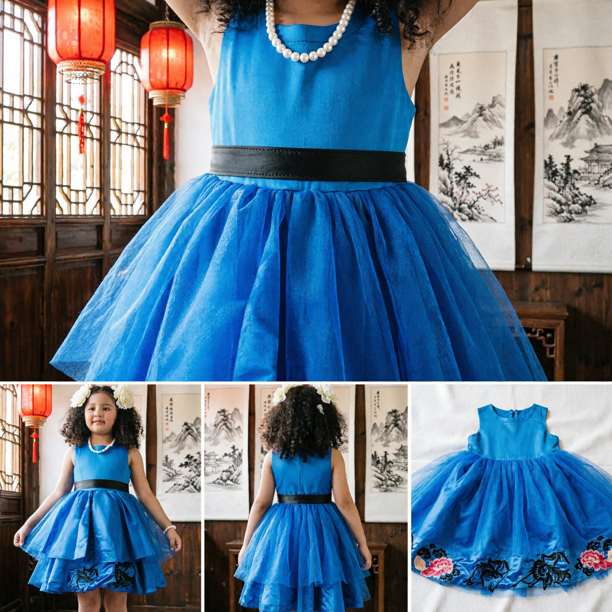 Royal Blue Girls Princess Party Dress Sleeveless Satin Gown for Stage Performance and Pageants