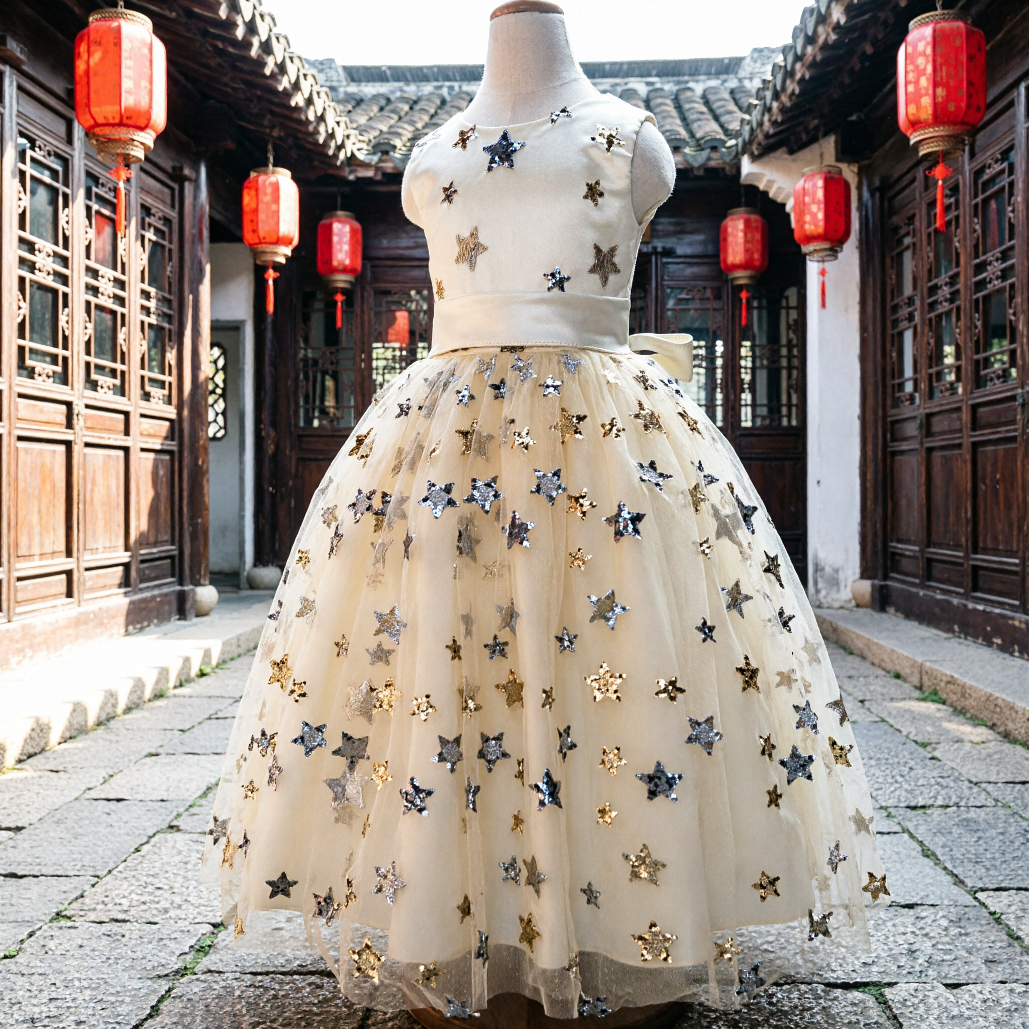 Kids Girls Princess Ball Gown Star Sequin Tulle Dress for Wedding Flower Girl Party