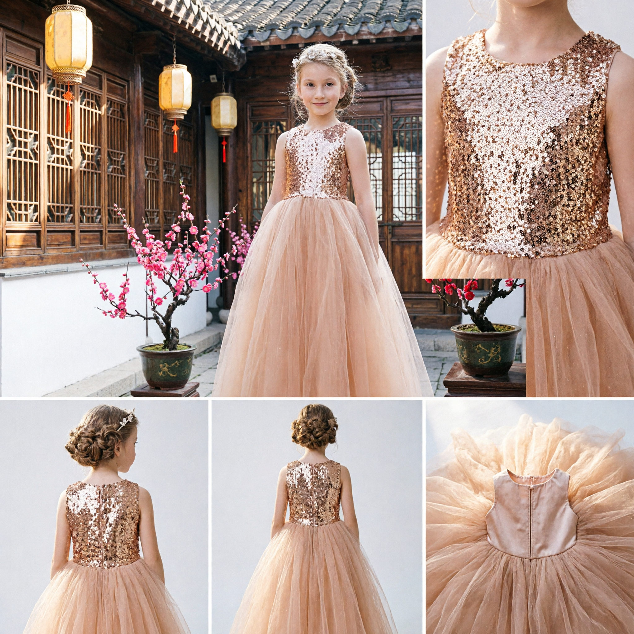 Girls Peach Sequin Sleeveless Tulle Ball Gown Formal Dress for Wedding Flower Girl Pageant
