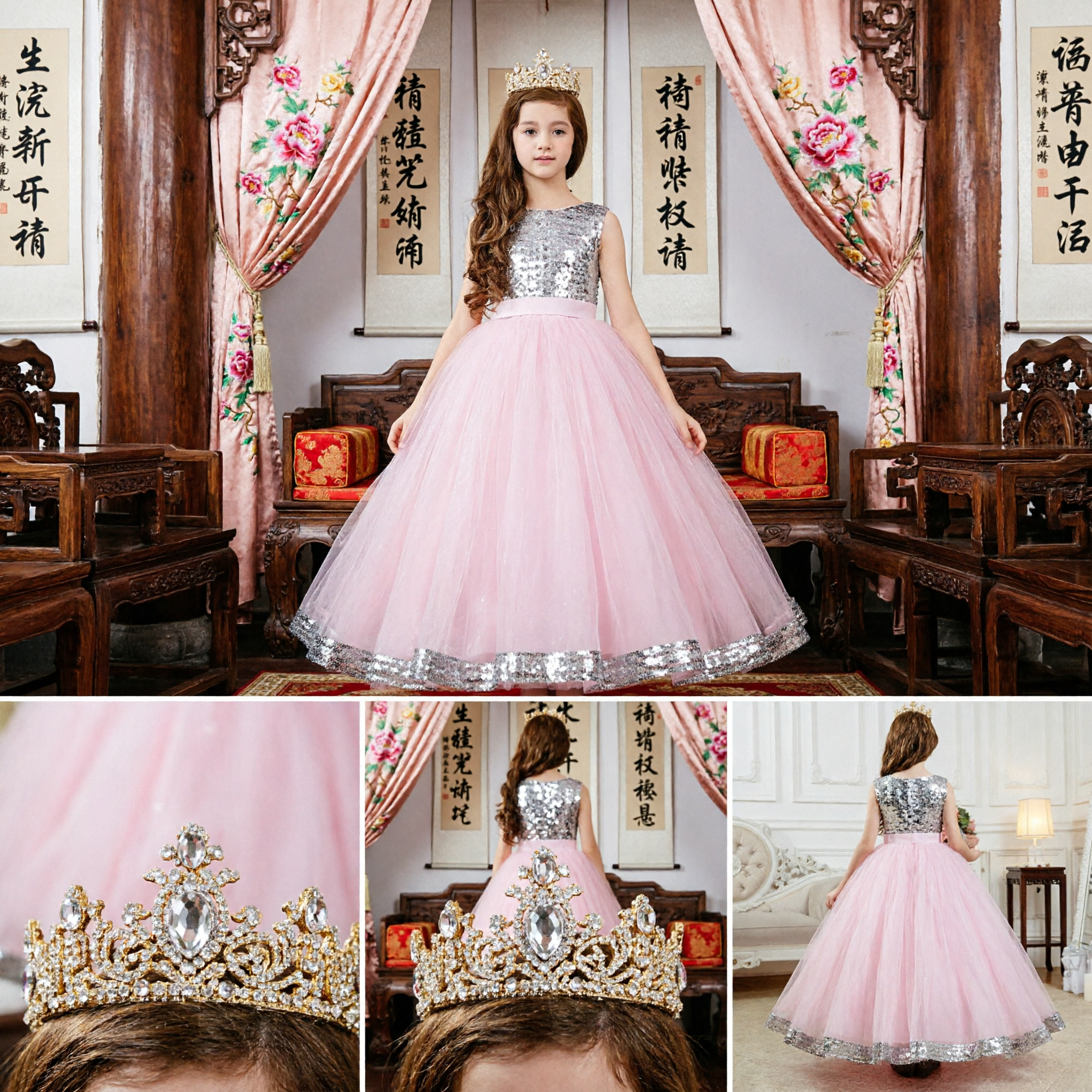 Elegant Pink Sequin Princess Dress for Girls Long Tulle Gown Flower Girl Wedding Party Costume