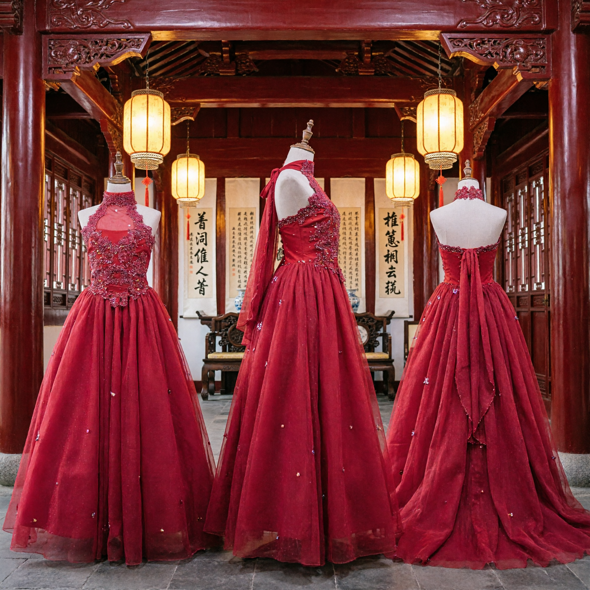 Traditional Chinese Red Wedding Dress Embroidered High Neck Ballgown for Bride Formal Occasion