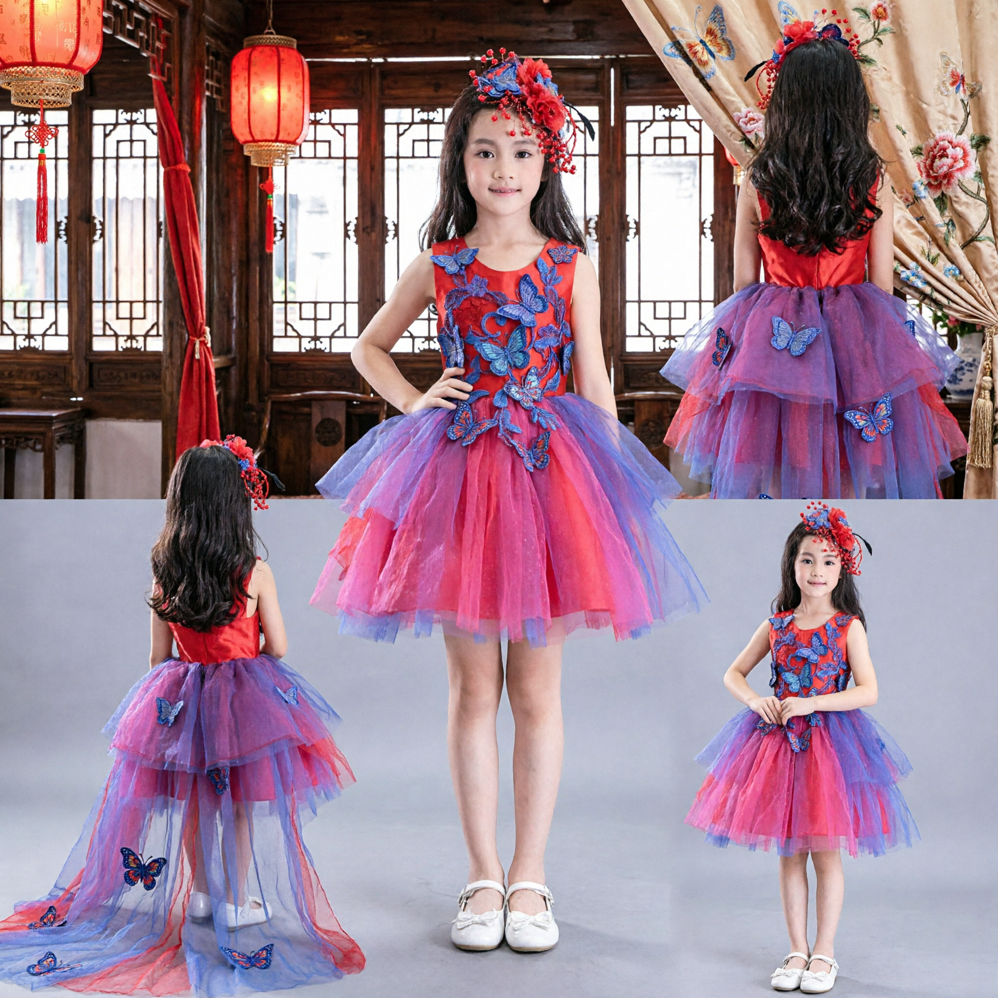 Girls Modern Butterfly Dance Costume Colorful Tulle Stage Performance Dress for Kids with Headpiece