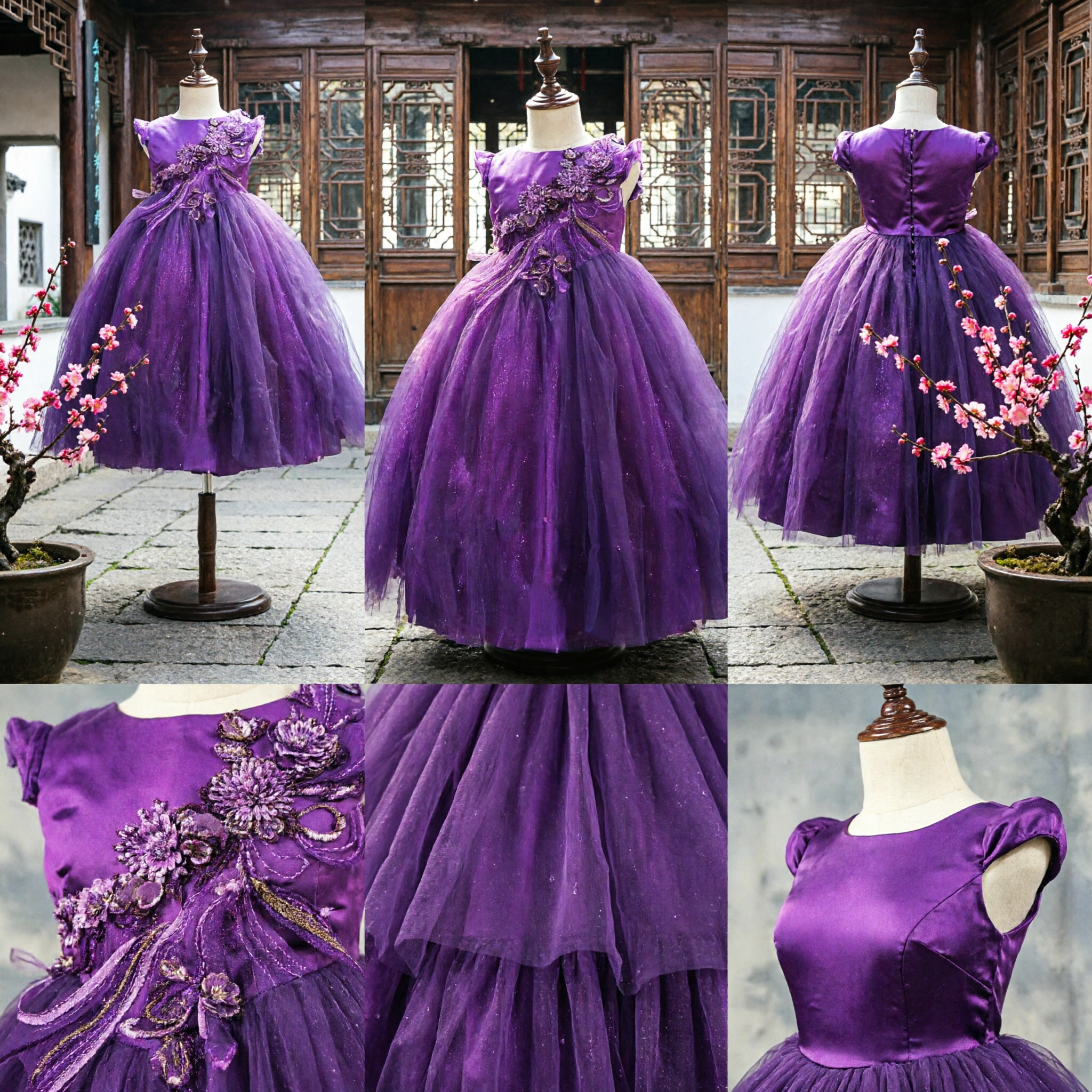 Girls Purple Formal Ball Gown with 3D Floral Applique and Glitter Tulle Skirt for Wedding Flower Girl