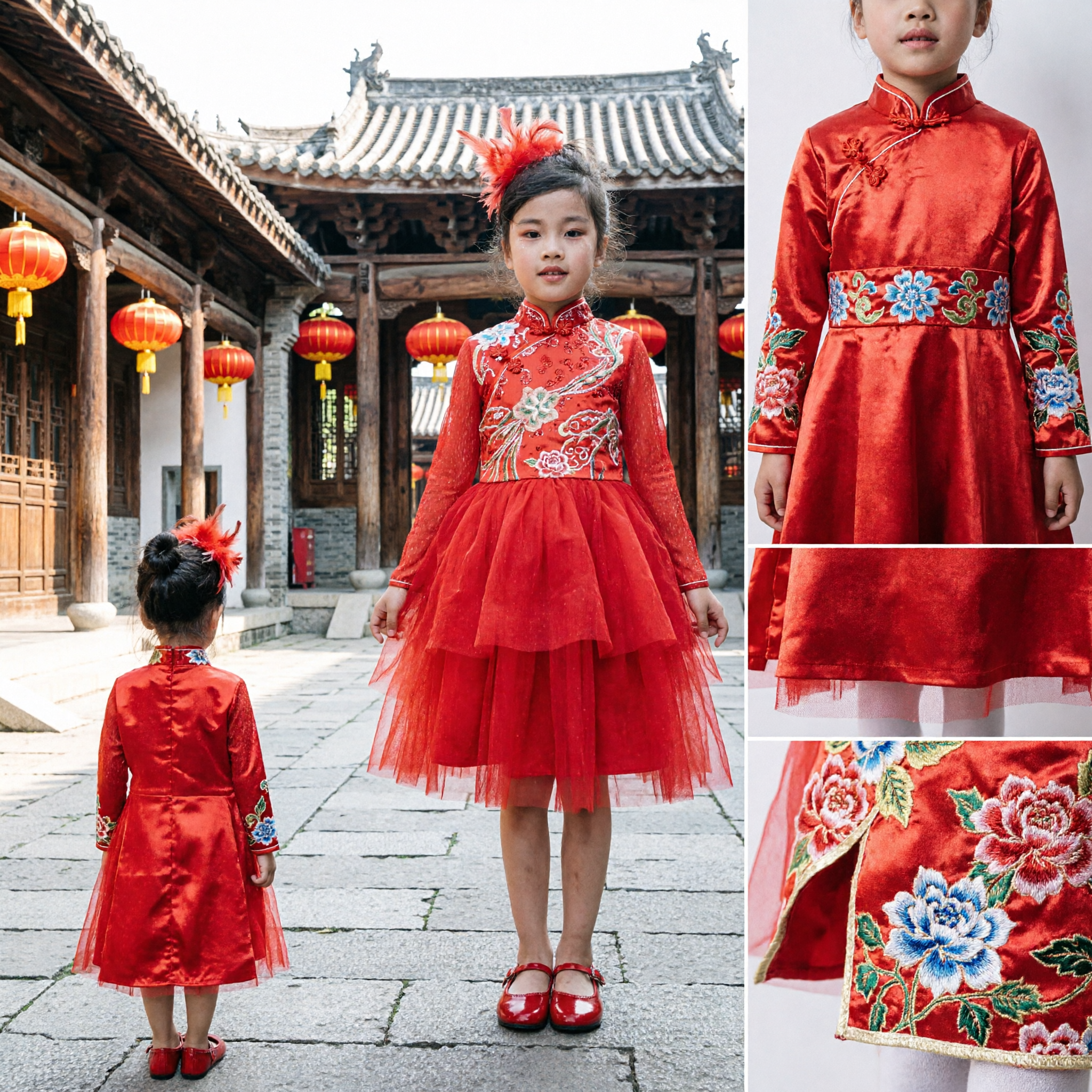 Kids Red Sequin Long Sleeve Tulle Tutu Dress for Stage Performance and Dance Show