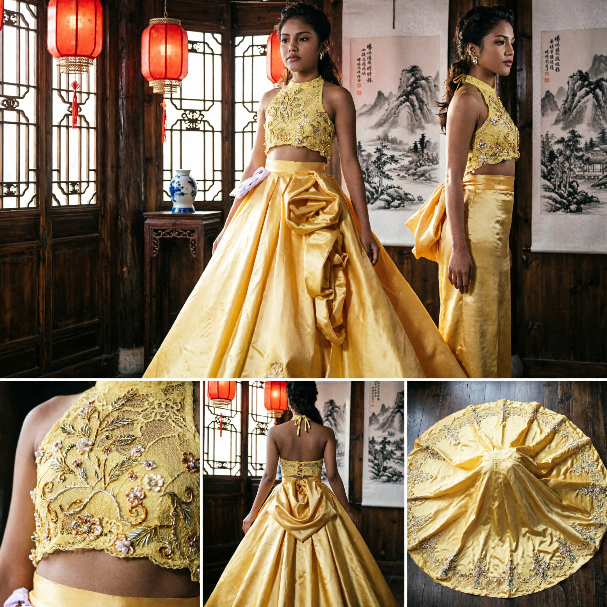 Vibrant Yellow Two-Piece Evening Gown Featuring Sequined Halter Top and Voluminous Satin Ballgown Skirt for Pageants