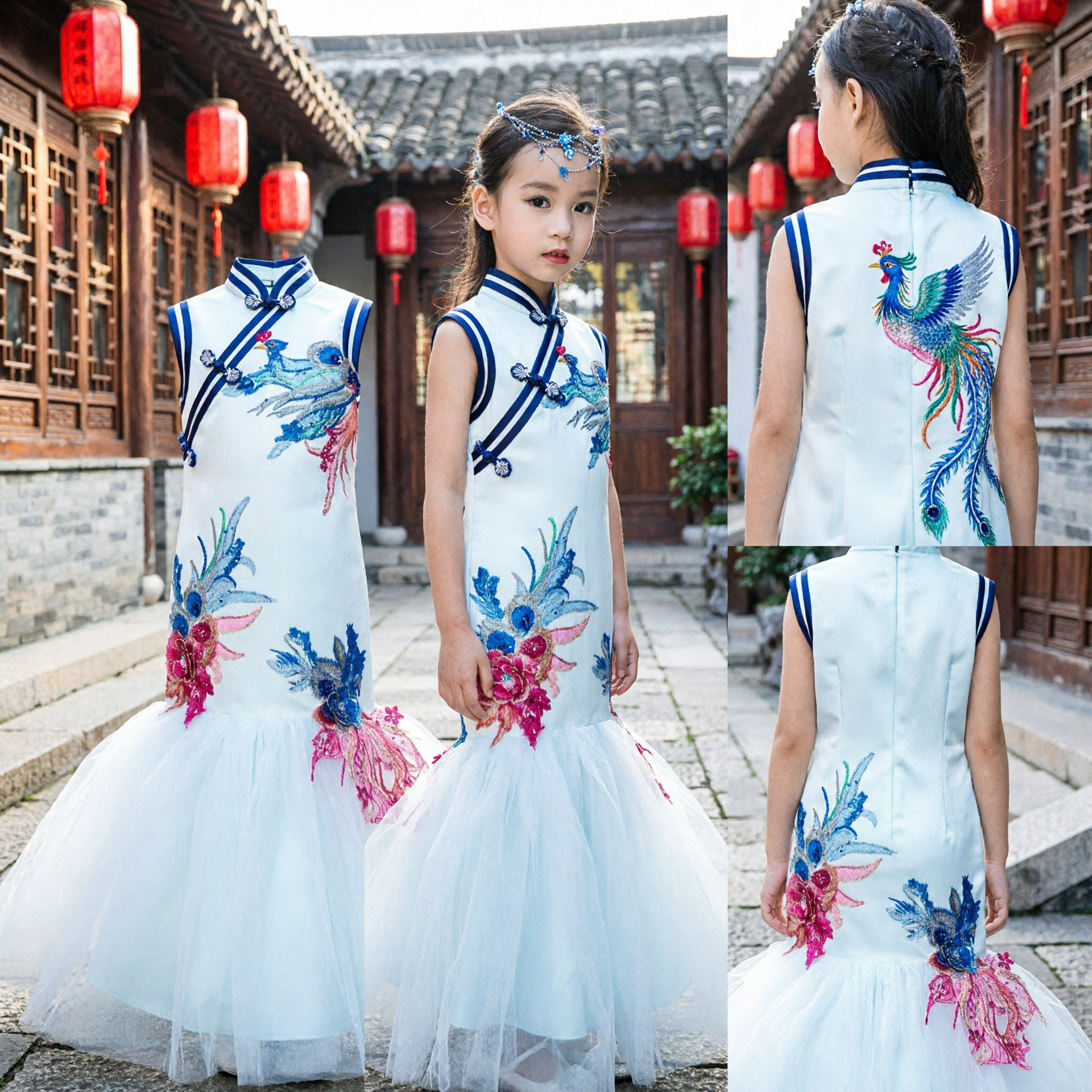 Girls Traditional Chinese Qipao Dress Blue Phoenix Embroidery Tulle Skirt Formal Wedding Party Gown