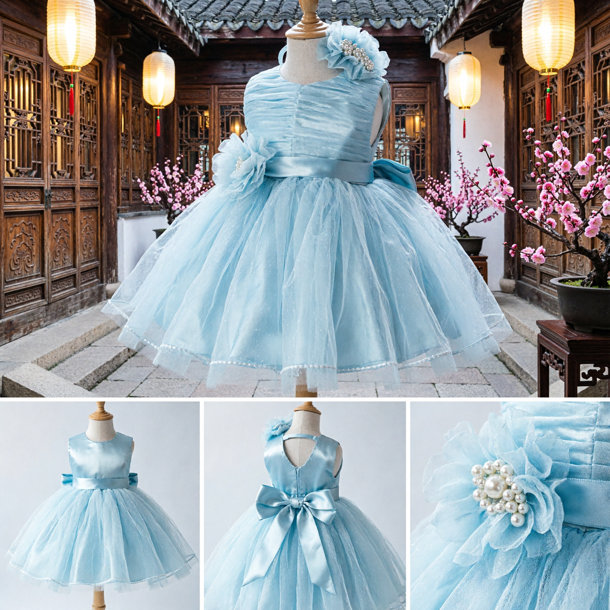 Light Blue Flower Girl Dress Toddler Princess Tulle Gown for Wedding Birthday Party Formal Event
