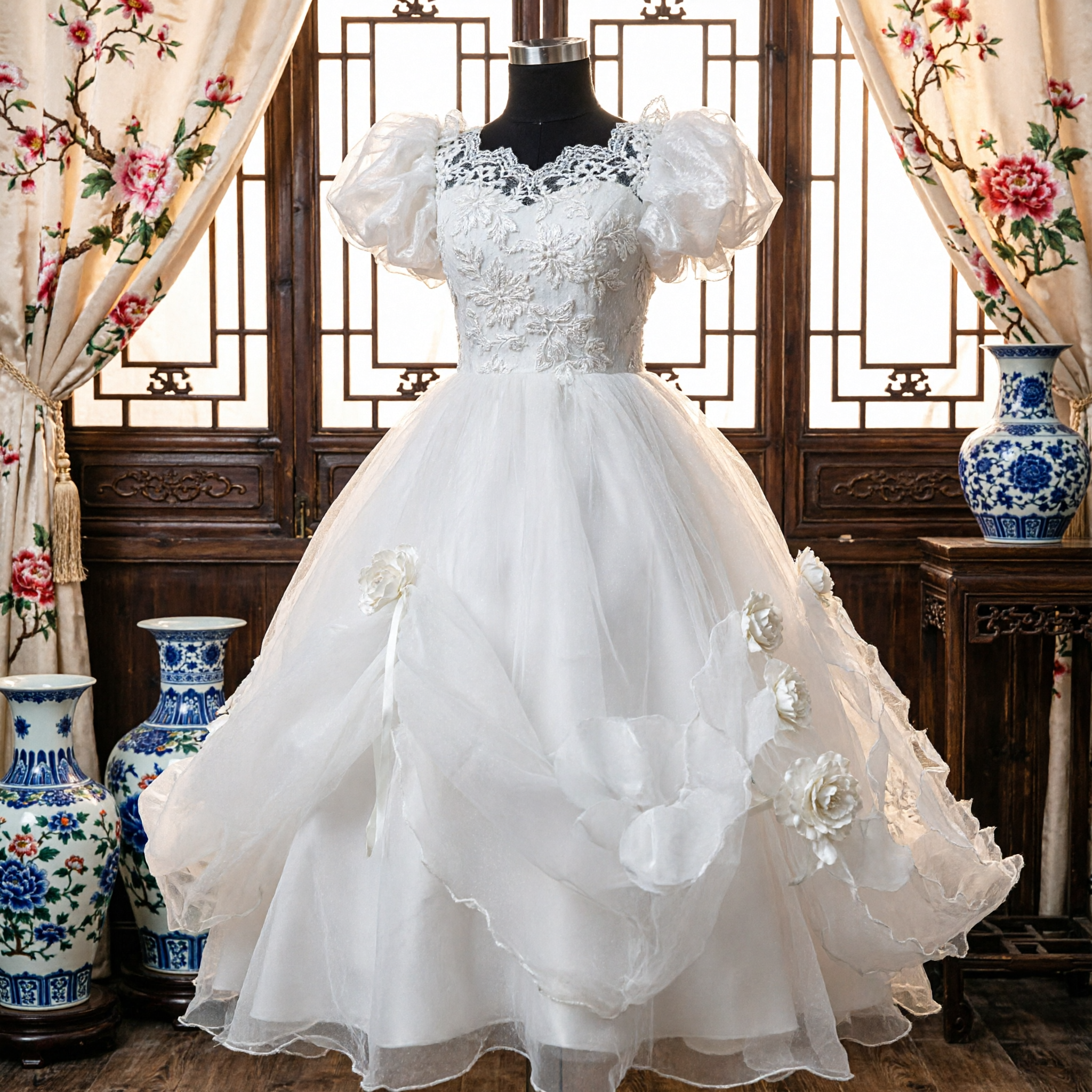 Elegant White Flower Girl Dress Puff Sleeve Bowknot Ballgown First Communion Pageant Wedding Party Gown