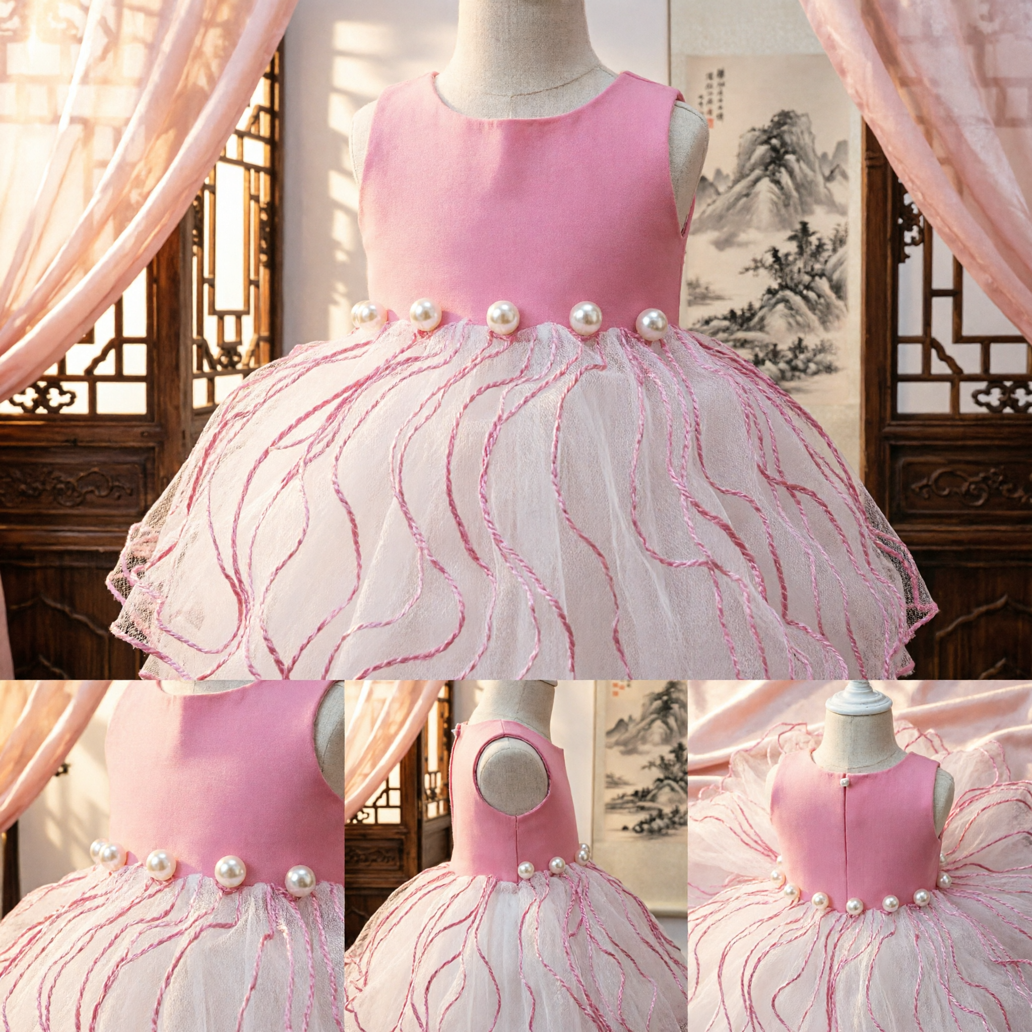 Pink Baby Girl Ballet Tutu Dress with Pearl Waistband for Wedding Flower Girl Party Costume
