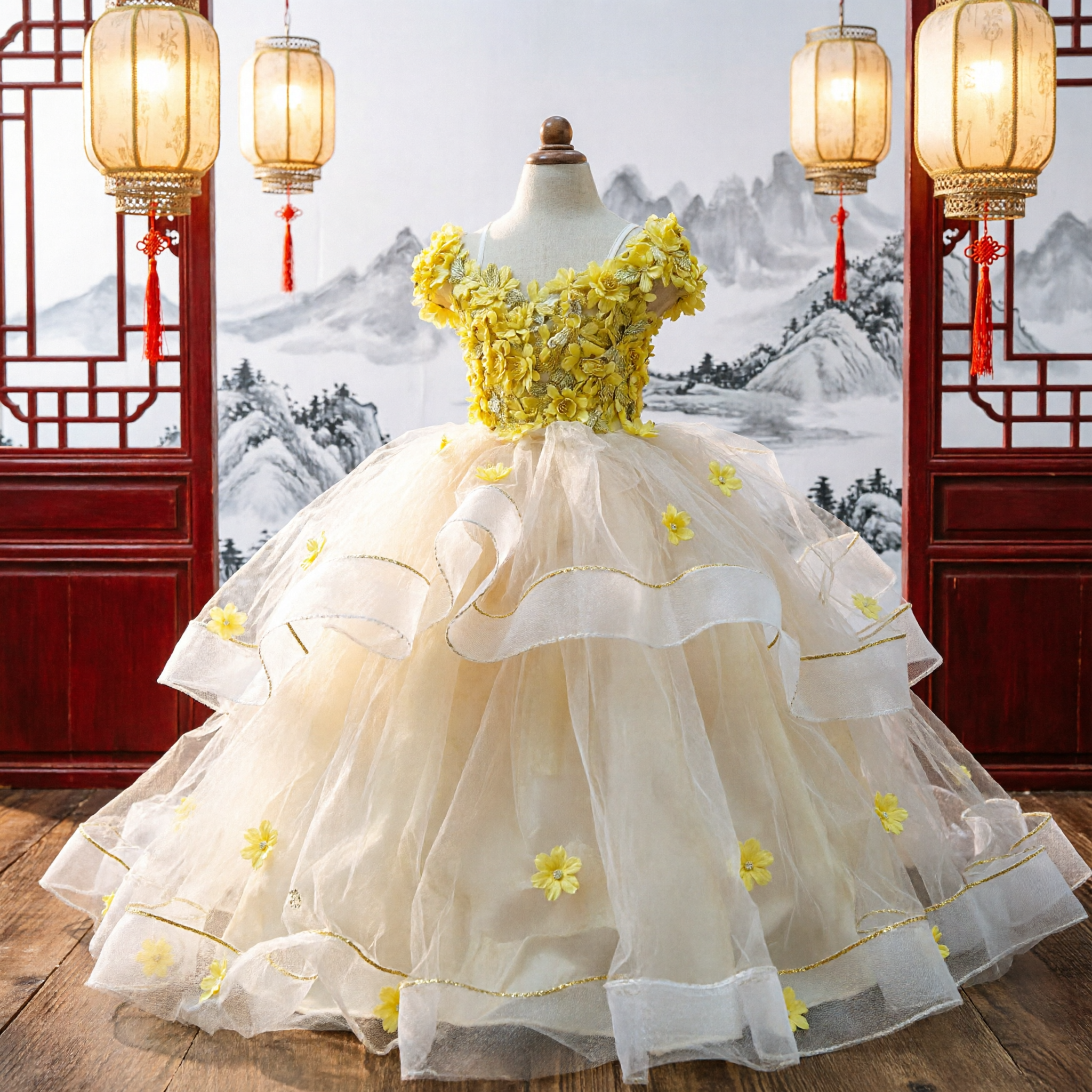 Elegant Yellow 3D Floral Appliqué Ball Gown Dress for Little Girls Wedding Flower Girl Pageant