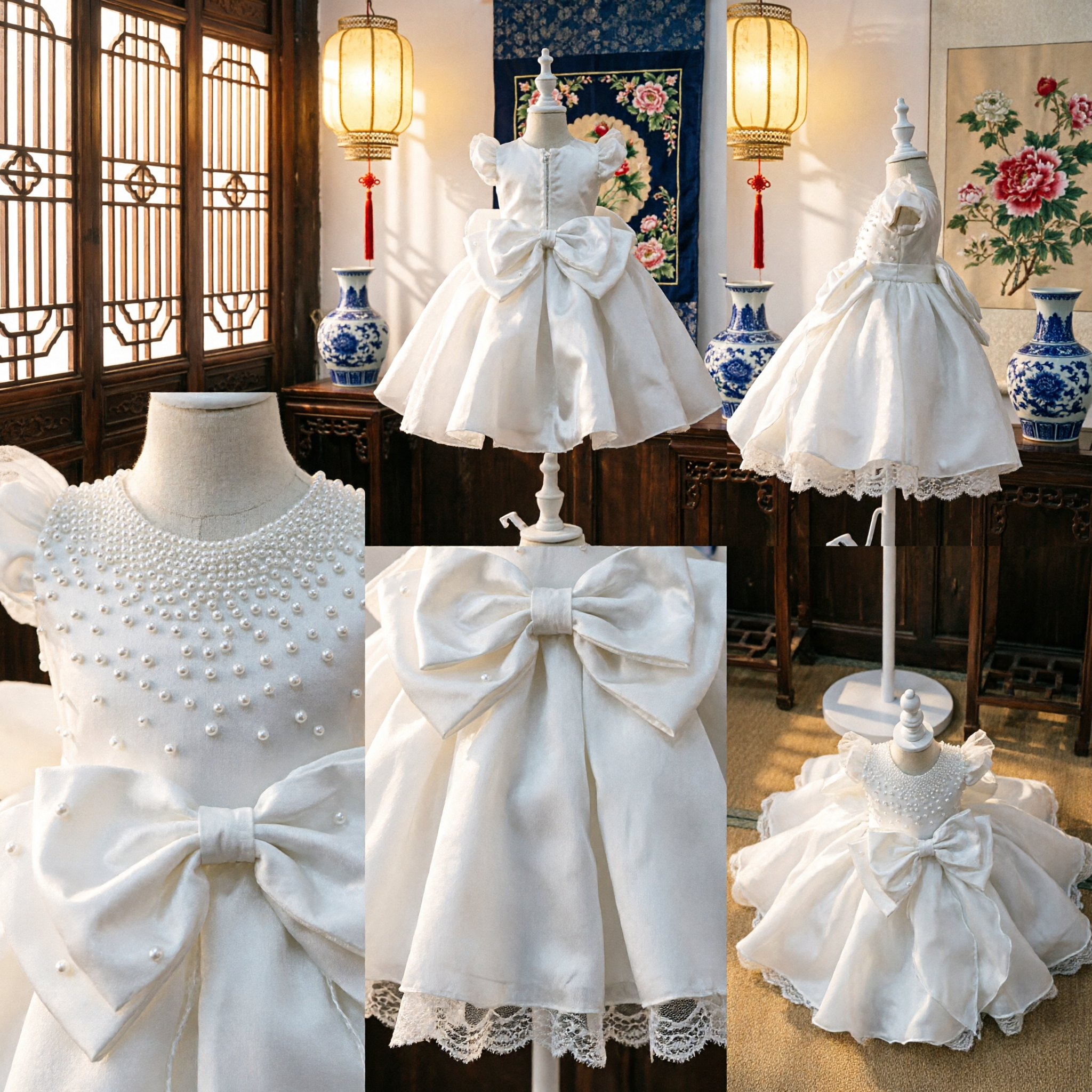 Elegant White Pearl Bodice Baby Girl Dress Ruffled Tulle Skirt Princess Wedding Flower Girl Gown