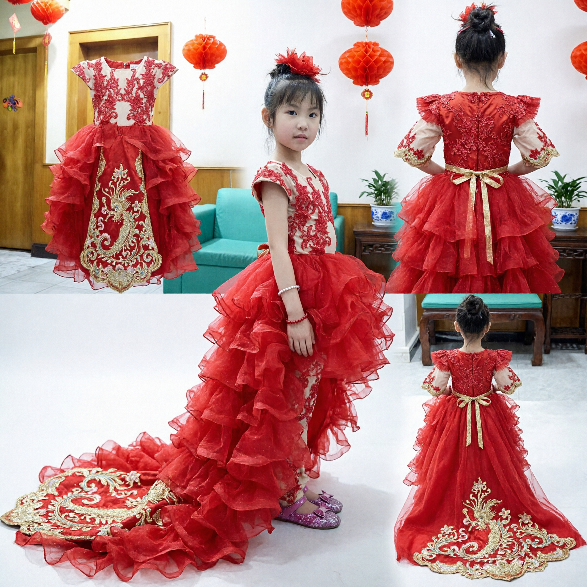 Girls Red Lace Floral Embroidery Tulle Princess Dress Traditional Chinese New Year Wedding Host Costume