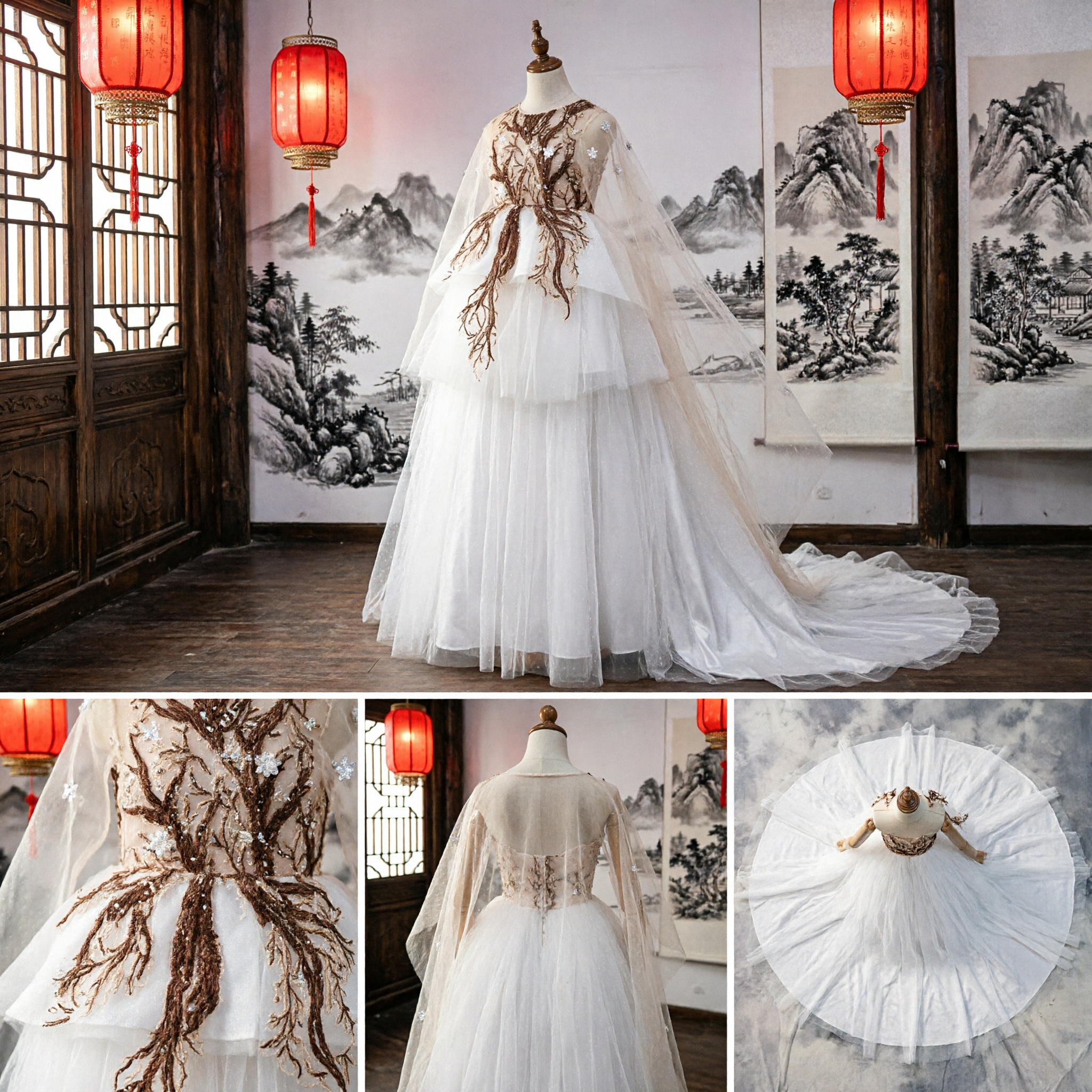 Fantasy Tree of Life White Wedding Dress with Branch Embroidery and Tulle Overlay for Bridal Stage Performance