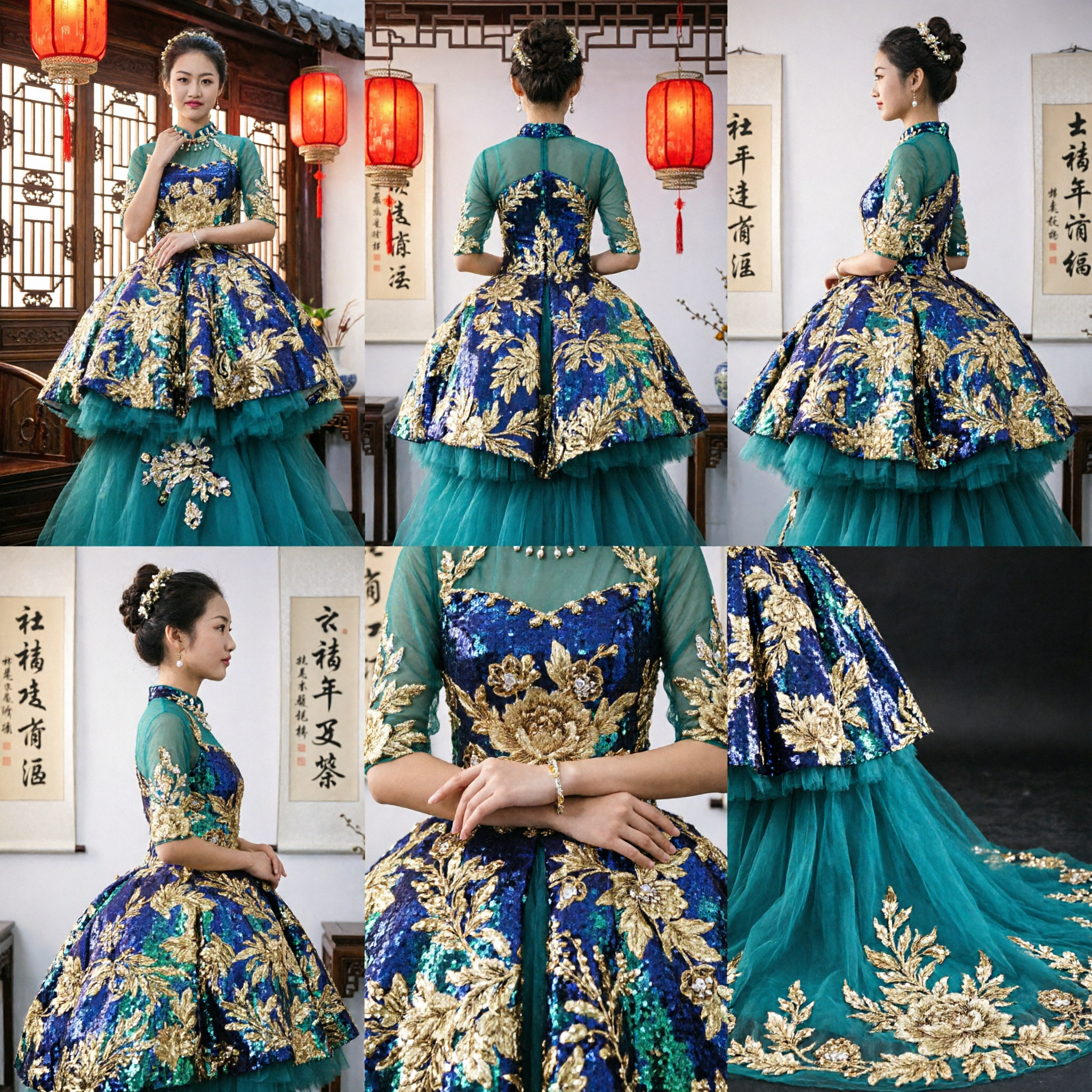 Elegant Green Peacock Embroidery Ballgown for Girls Traditional Chinese Stage Performance Hosting Costume