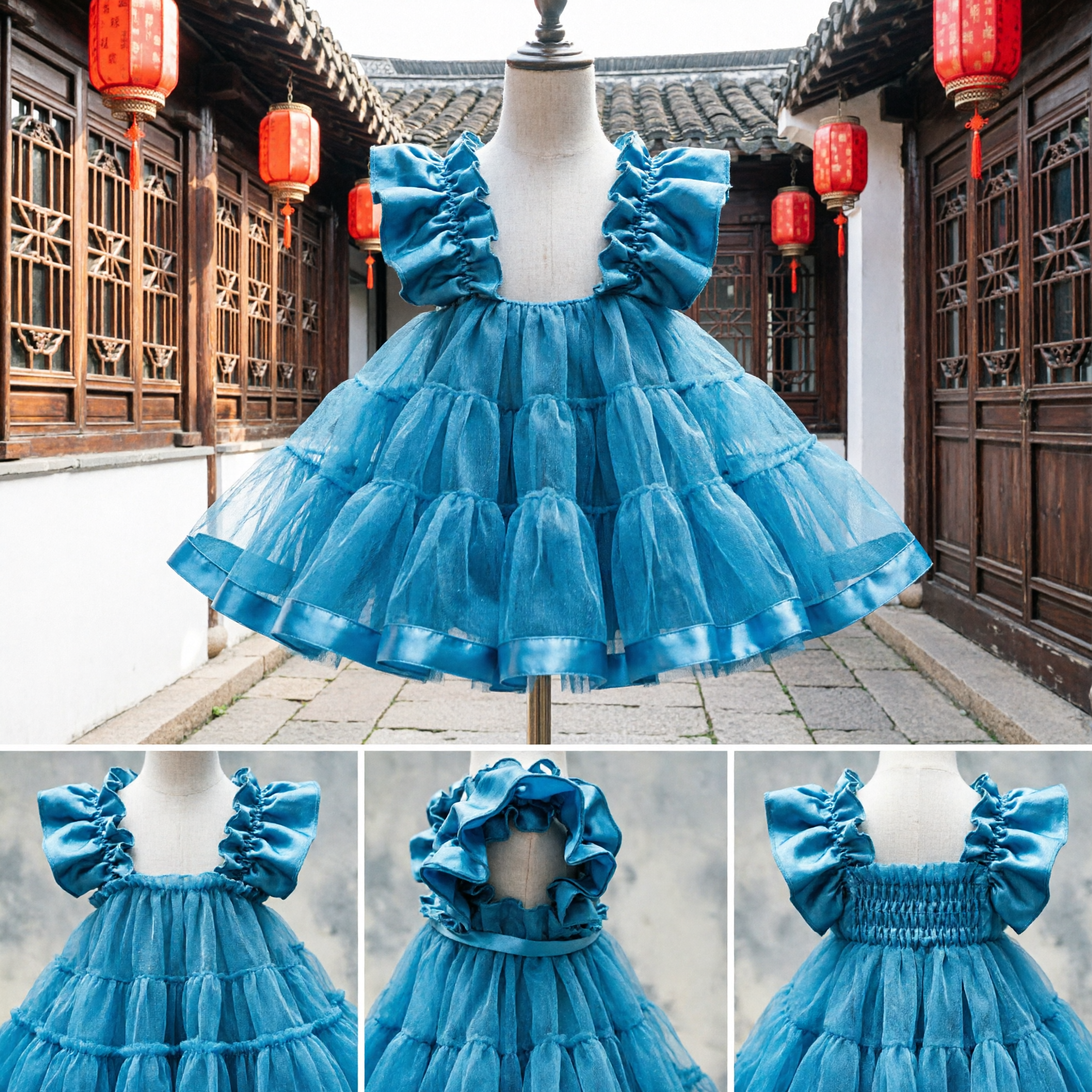 Vibrant Blue Ruffled Layered Dress Traditional Chinese Folk Dance Costume for Girls Stage Performance
