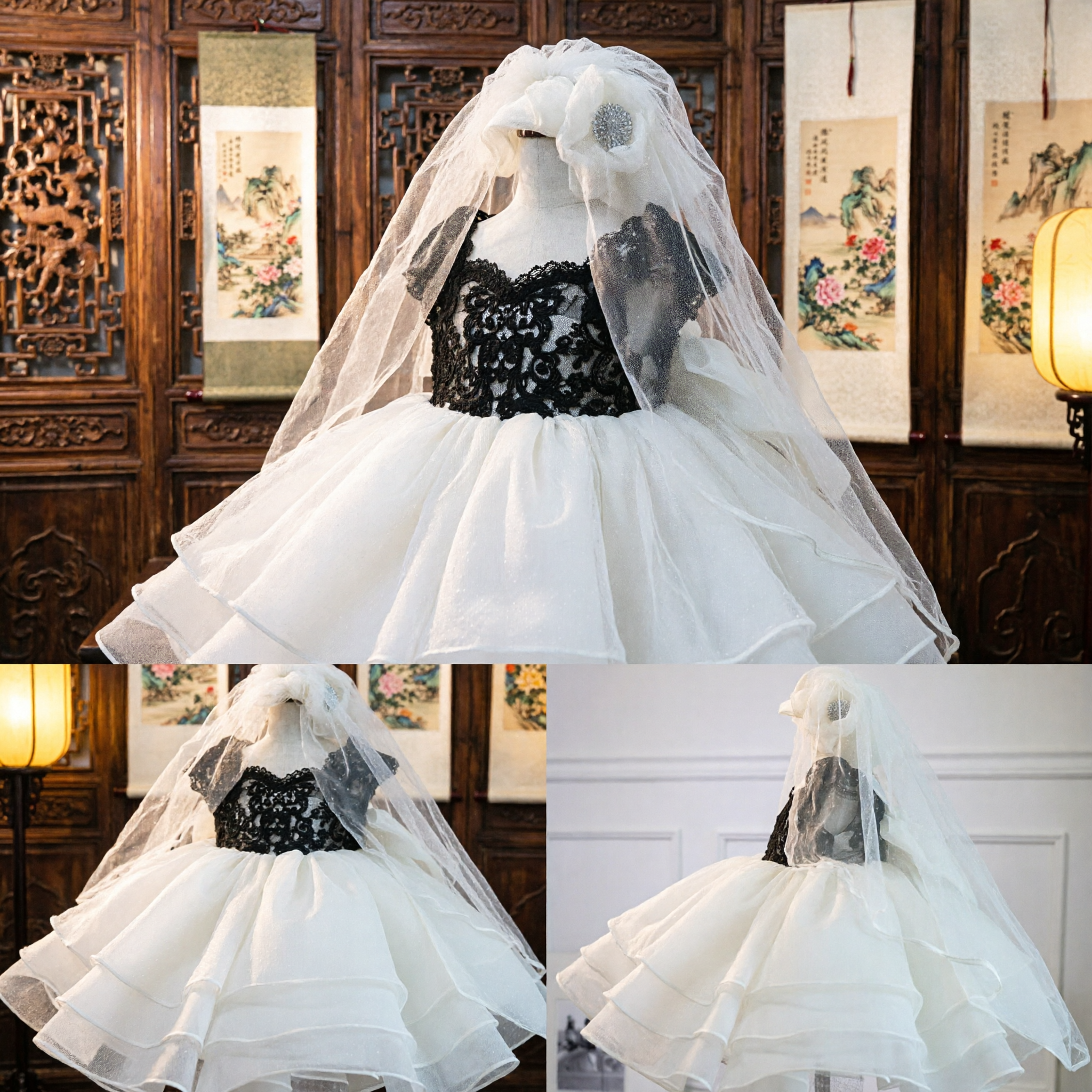 Elegant White Flower Girl Dress with Black Lace Bodice, Tiered Ruffle Skirt and Matching Floral Headpiece