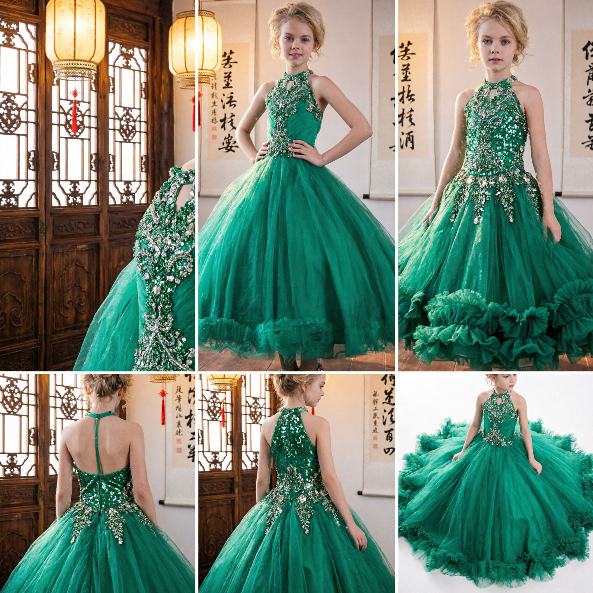 Girls Emerald Green Halter Neck Ball Gown Beaded Bodice Tulle Skirt Formal Wedding Pageant Dress