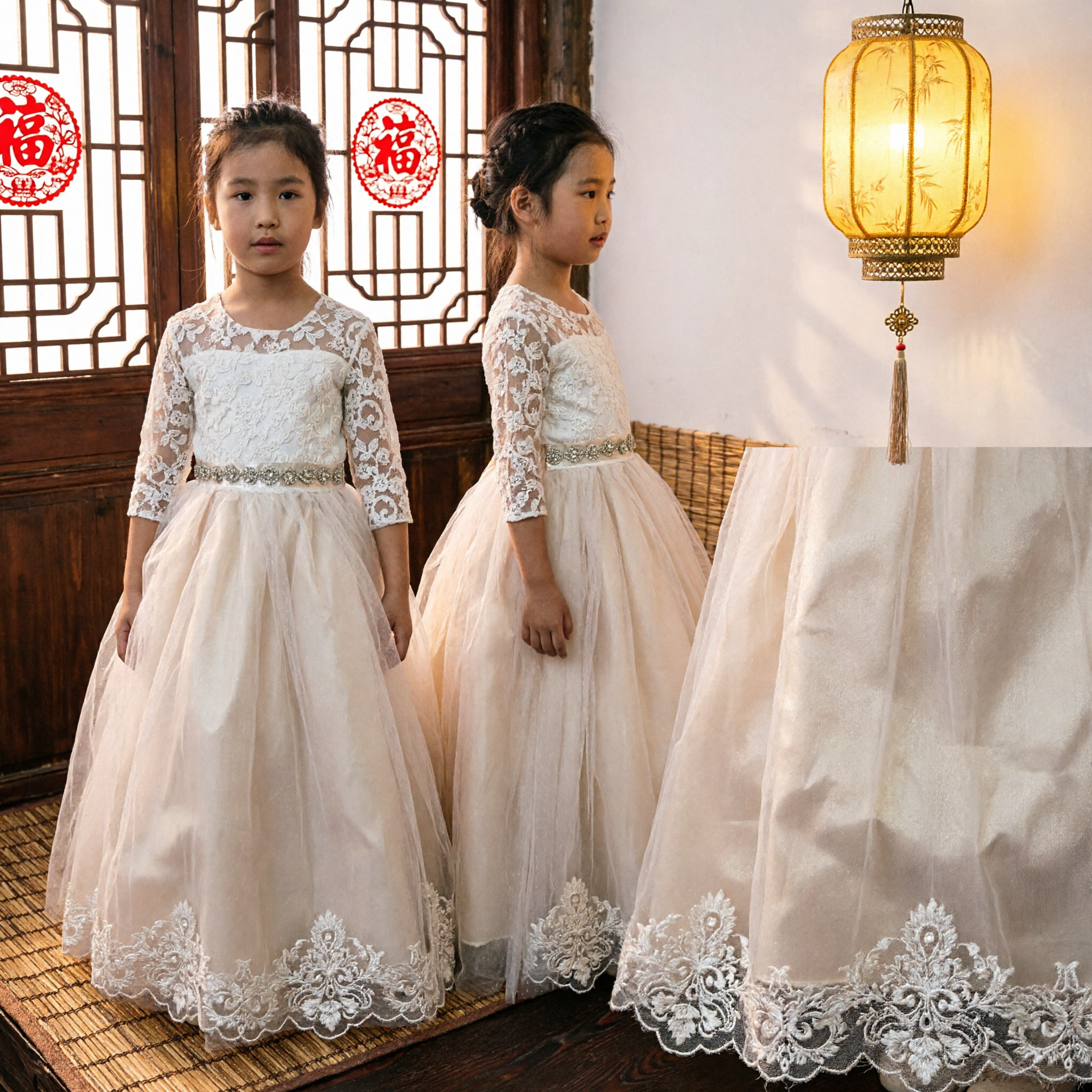 Elegant Girls Long Sleeve Lace Flower Girl Dress Formal Tulle Ballgown for Wedding Party Pageant