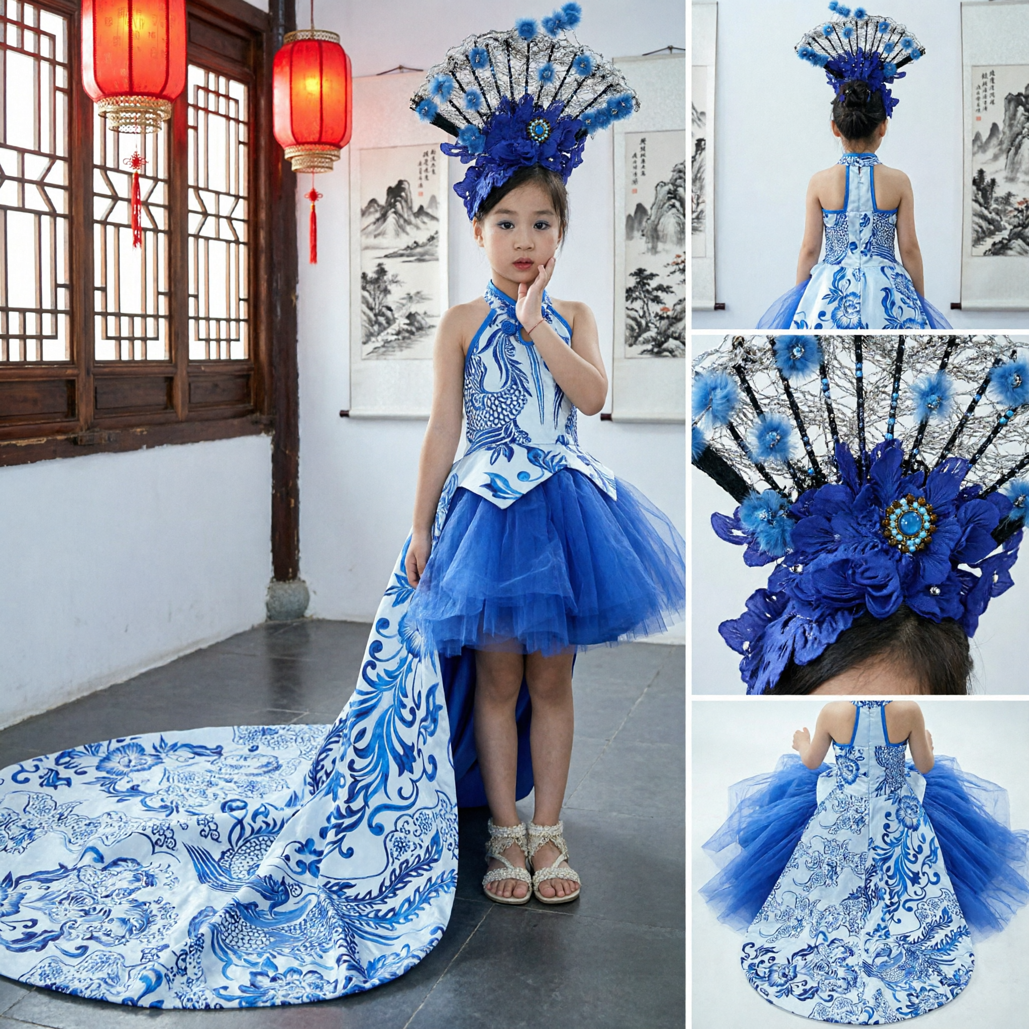Girls Blue and White Porcelain Peacock Stage Costume Long Train Performance Dress with Feather Headpiece
