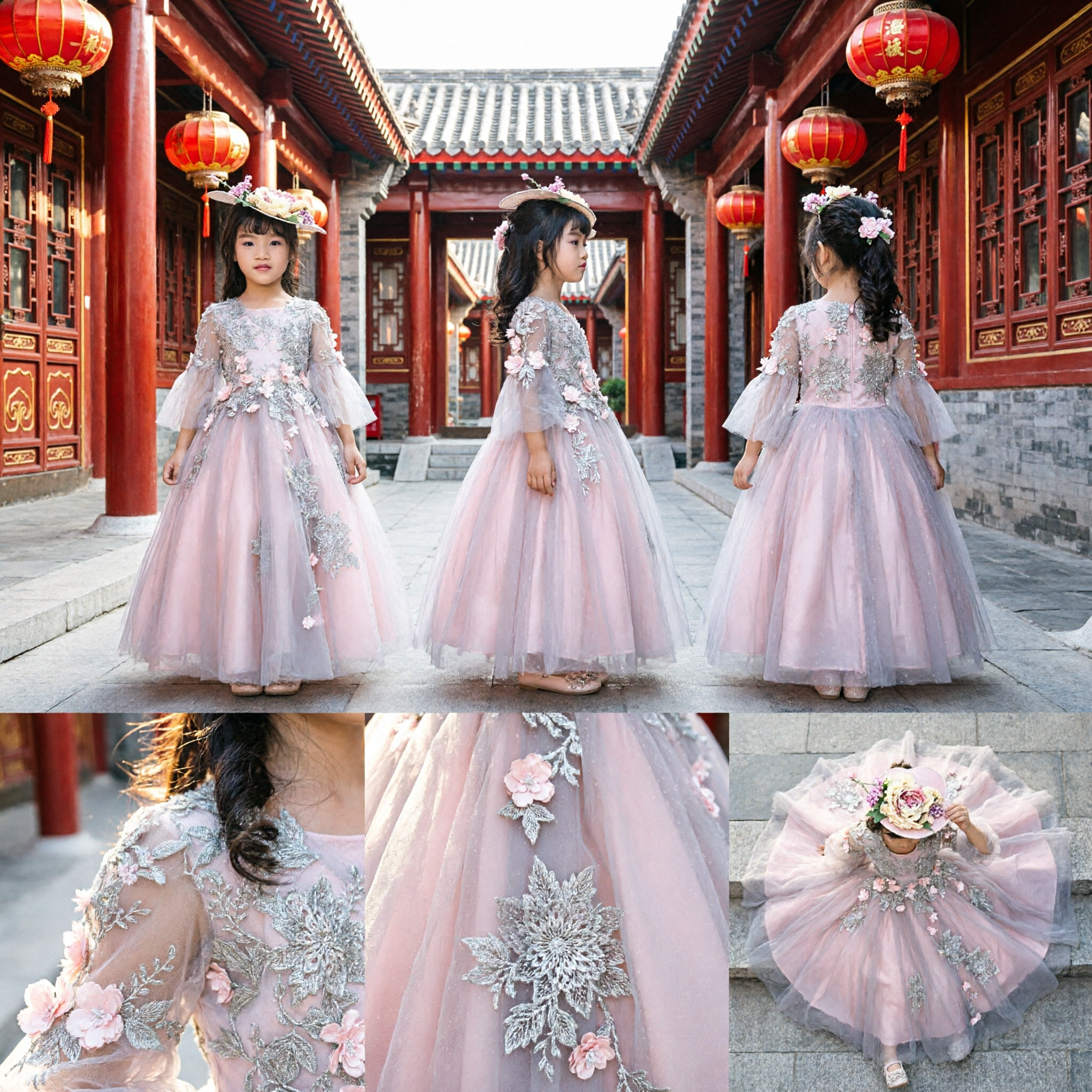 Girls Pink Tulle Princess Ball Gown with 3D Floral Embroidery Formal Dress for Wedding Pageant Party