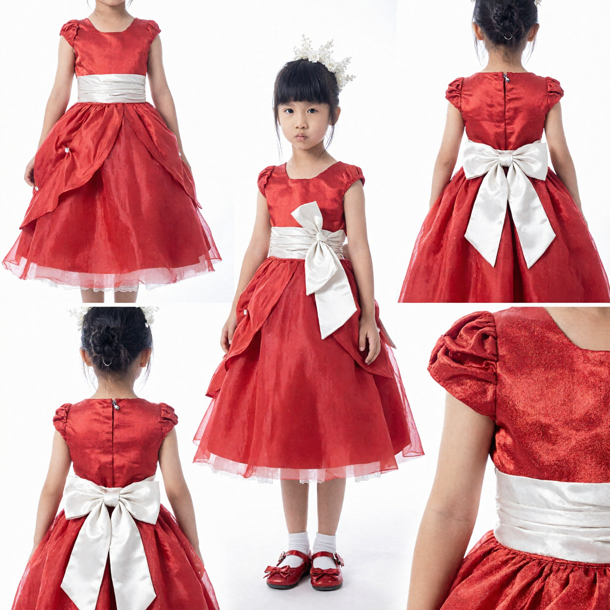 Elegant Red Princess Ball Gown for Girls Flower Girl Wedding Party Formal Dress with Sash