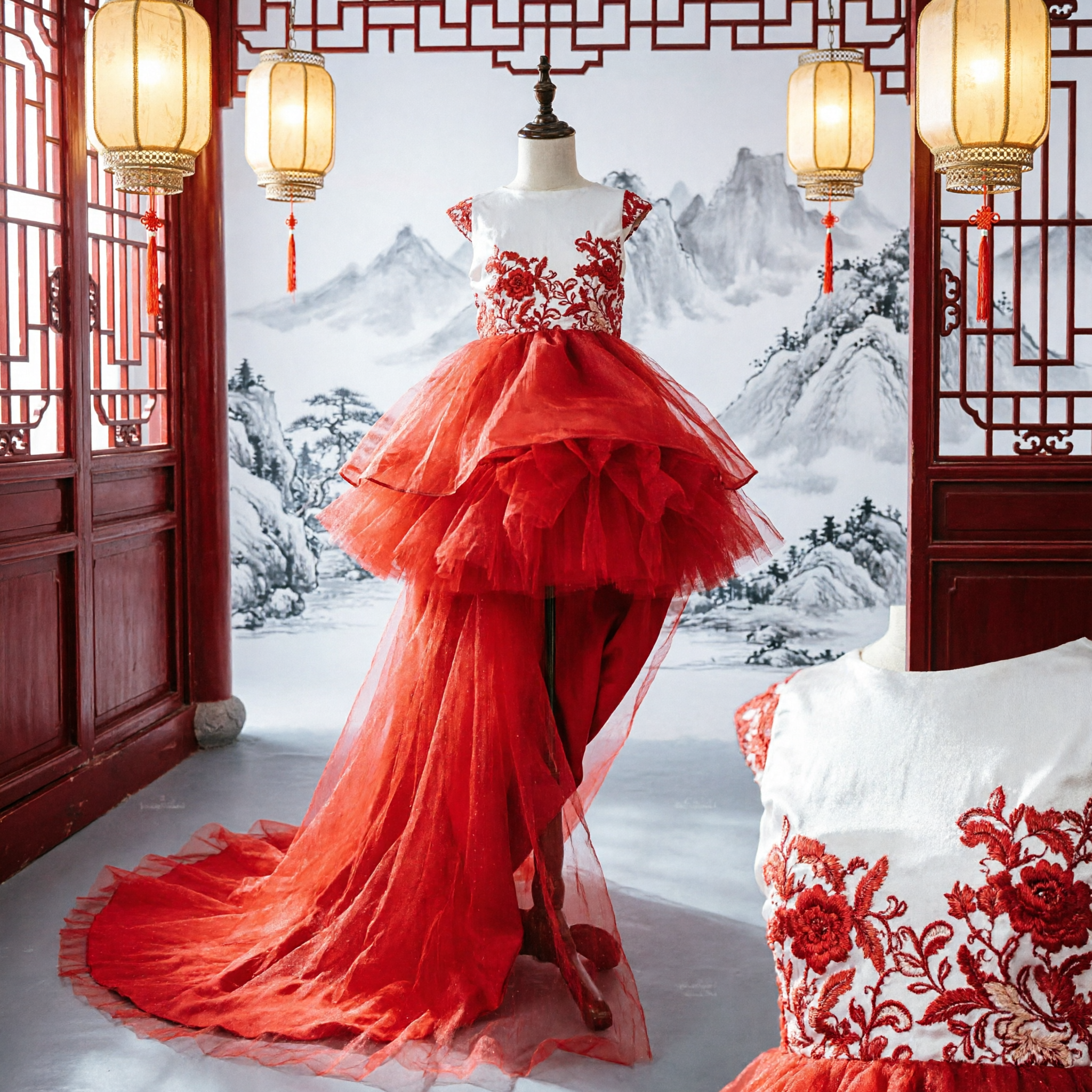 Kids Girls Red and White Floral Lace Wedding Flower Girl Dress Princess Tulle Gown for Stage Performance