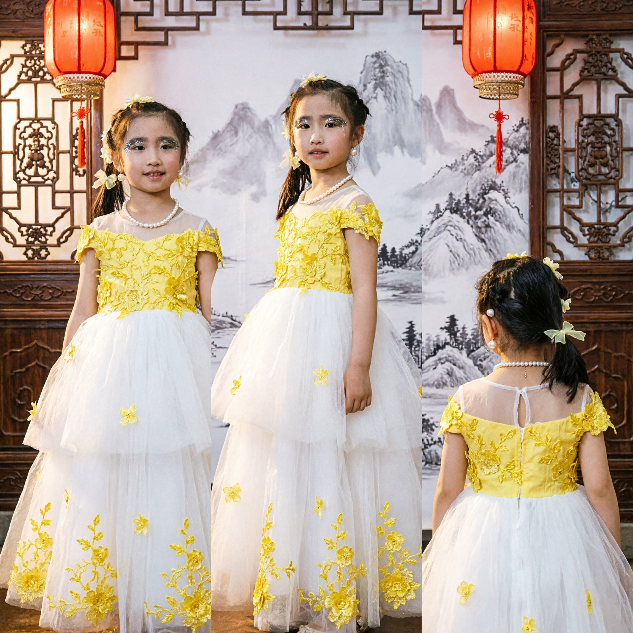 Girls Yellow Lace Bodice White Tulle Flower Girl Dress Long Ballgown for Wedding Pageant