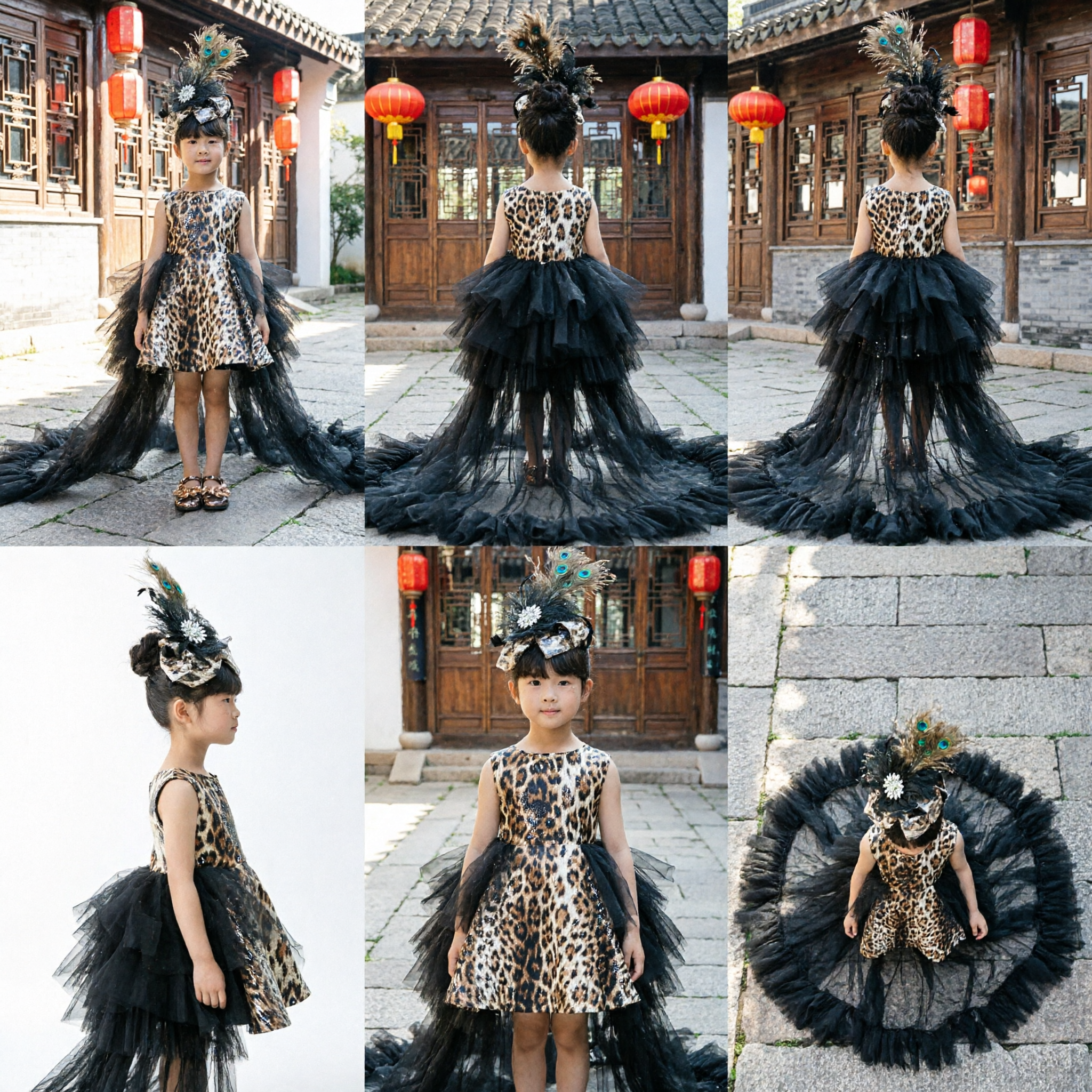 Kids Girls Black Sequin Dance Costume with Peacock Feather Headpiece and Long Tulle Train for Stage Performance