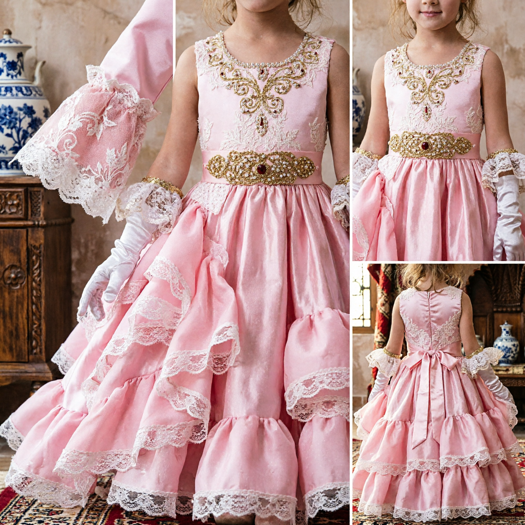 Elegant Pink Princess Ball Gown for Girls Kids Formal Wedding Party Dress with Lace Ruffles