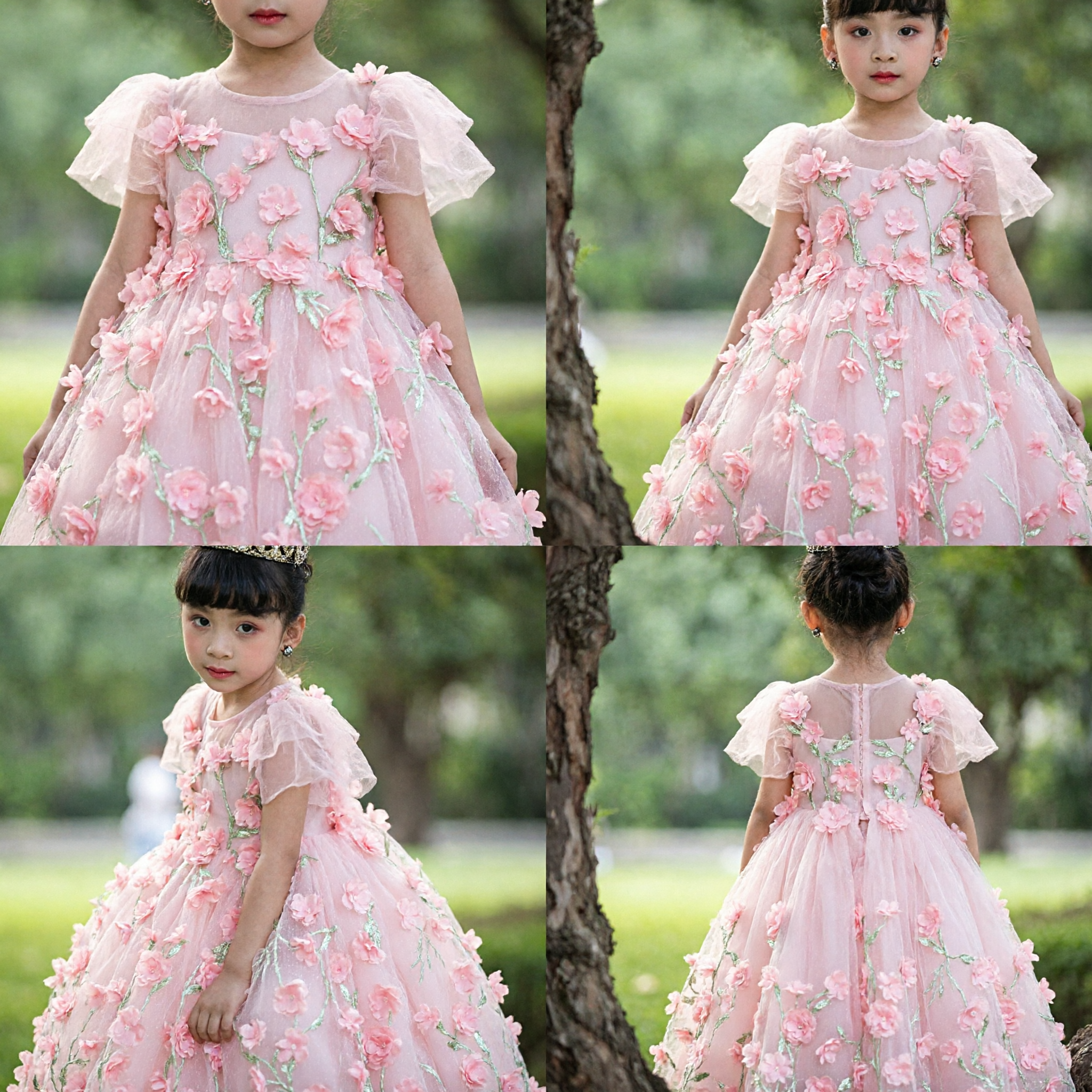 Elegant Pink Princess Dress for Girls with 3D Floral Appliques for Wedding Pageant Party Gown