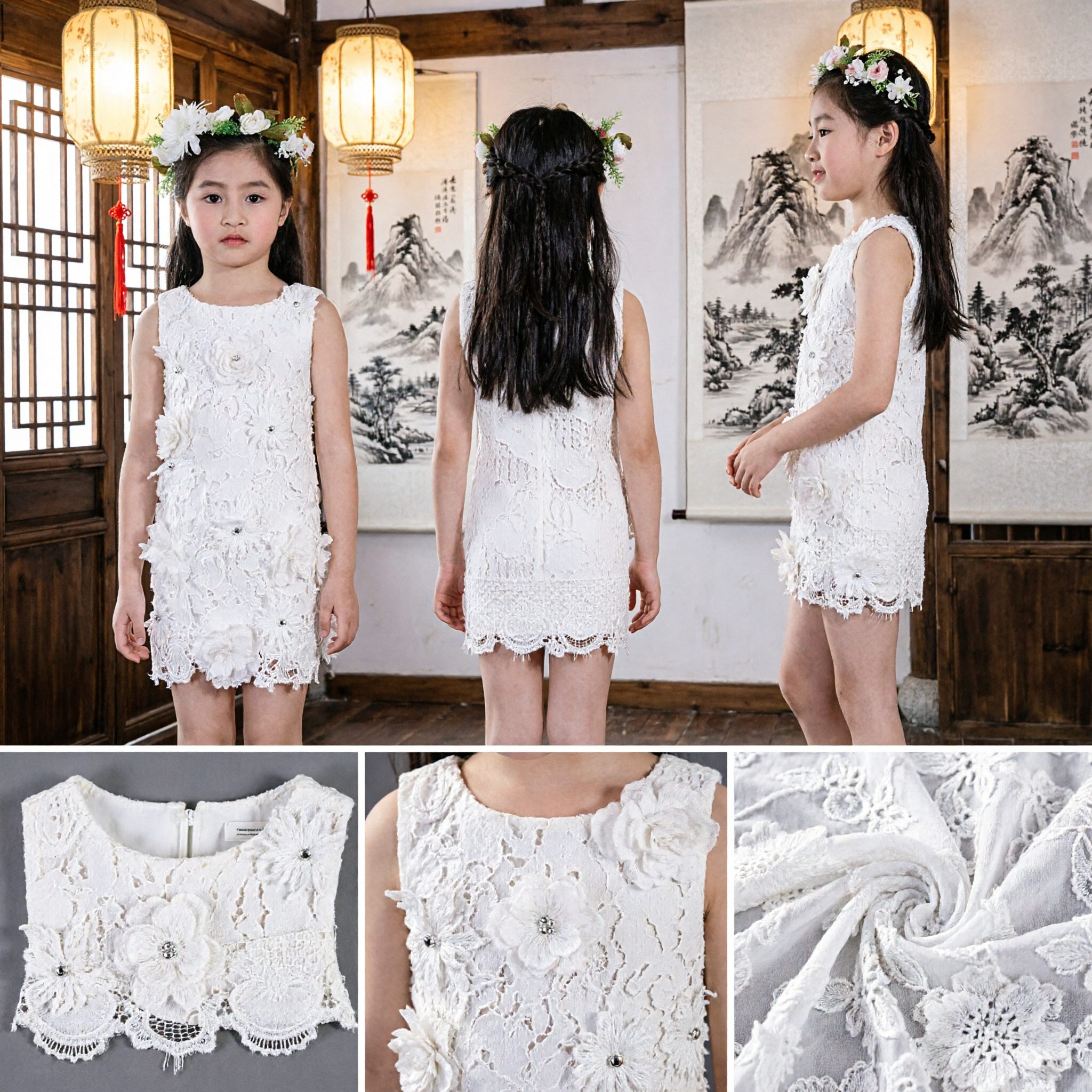 Elegant White Lace Floral Dress for Kids Girls Wedding Flower Girl Party Princess Gown