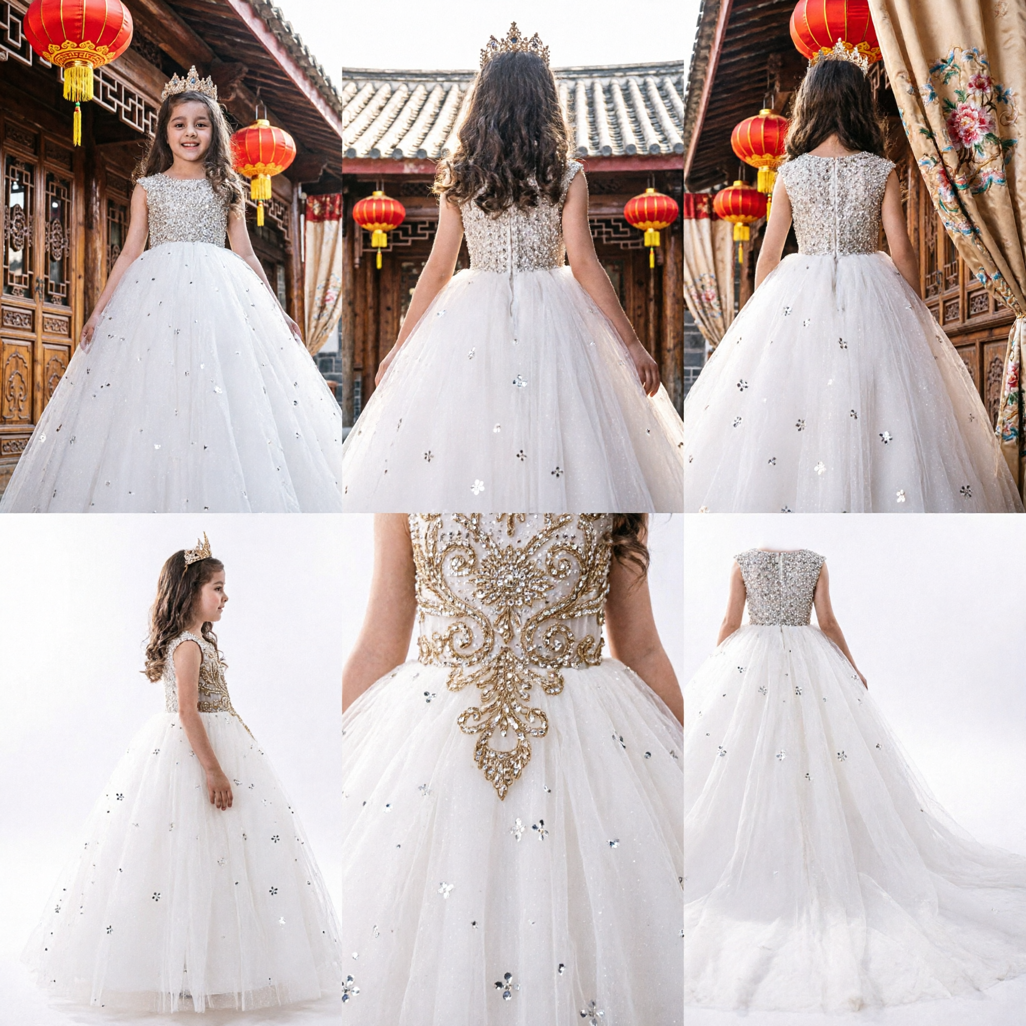 Elegant White Tulle Princess Dress for Girls Wedding Flower Girl Pageant Gown with Sequin Bodice