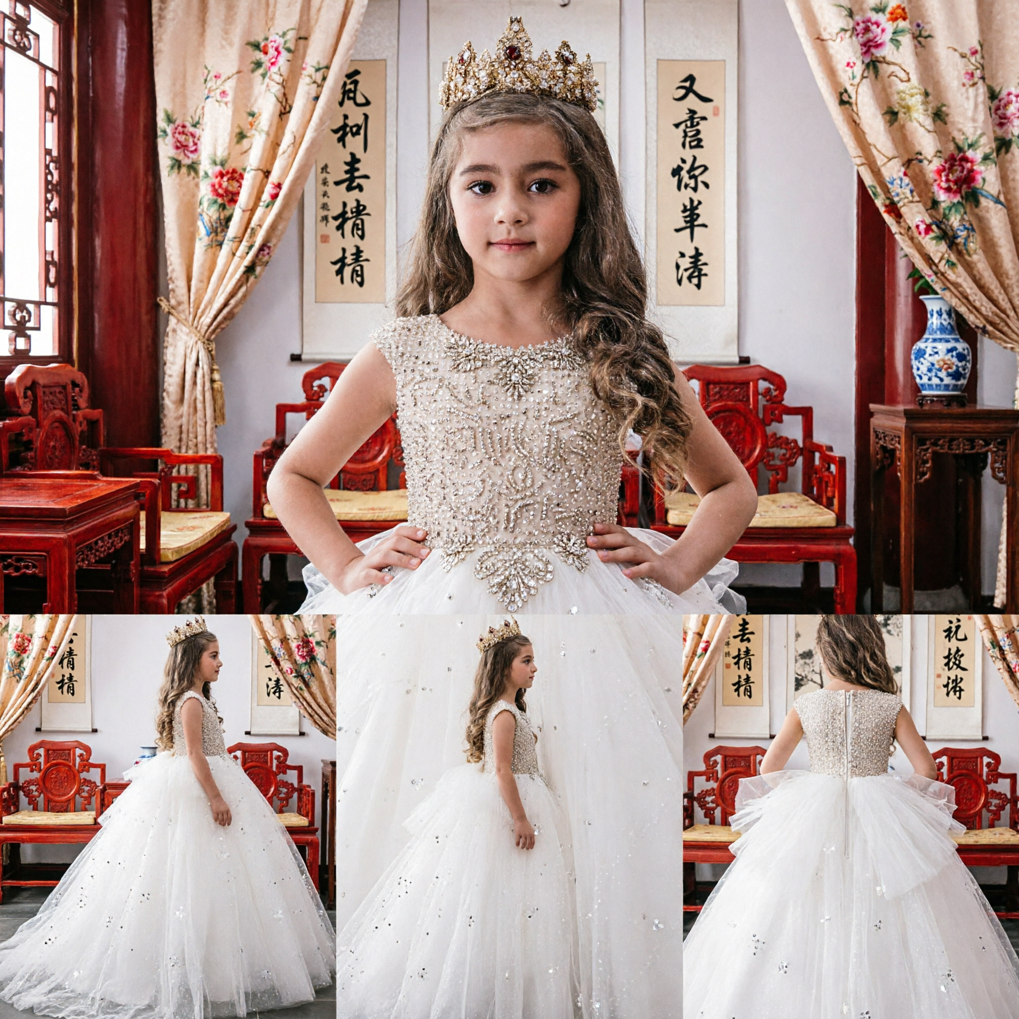 Elegant White Sequined Bodice Tulle Ball Gown Dress for Girls Wedding Flower Girl Pageant Party
