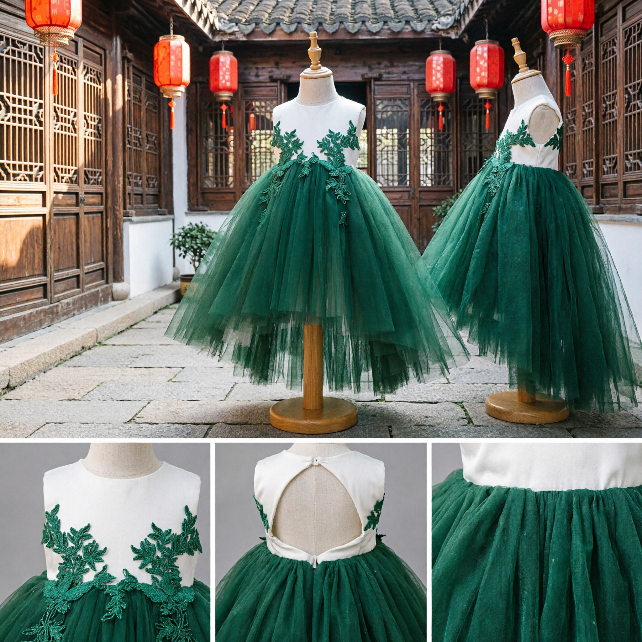 Emerald Green Sleeveless Flower Girl Dress Kids Wedding Party Tulle Ball Gown with Floral Applique