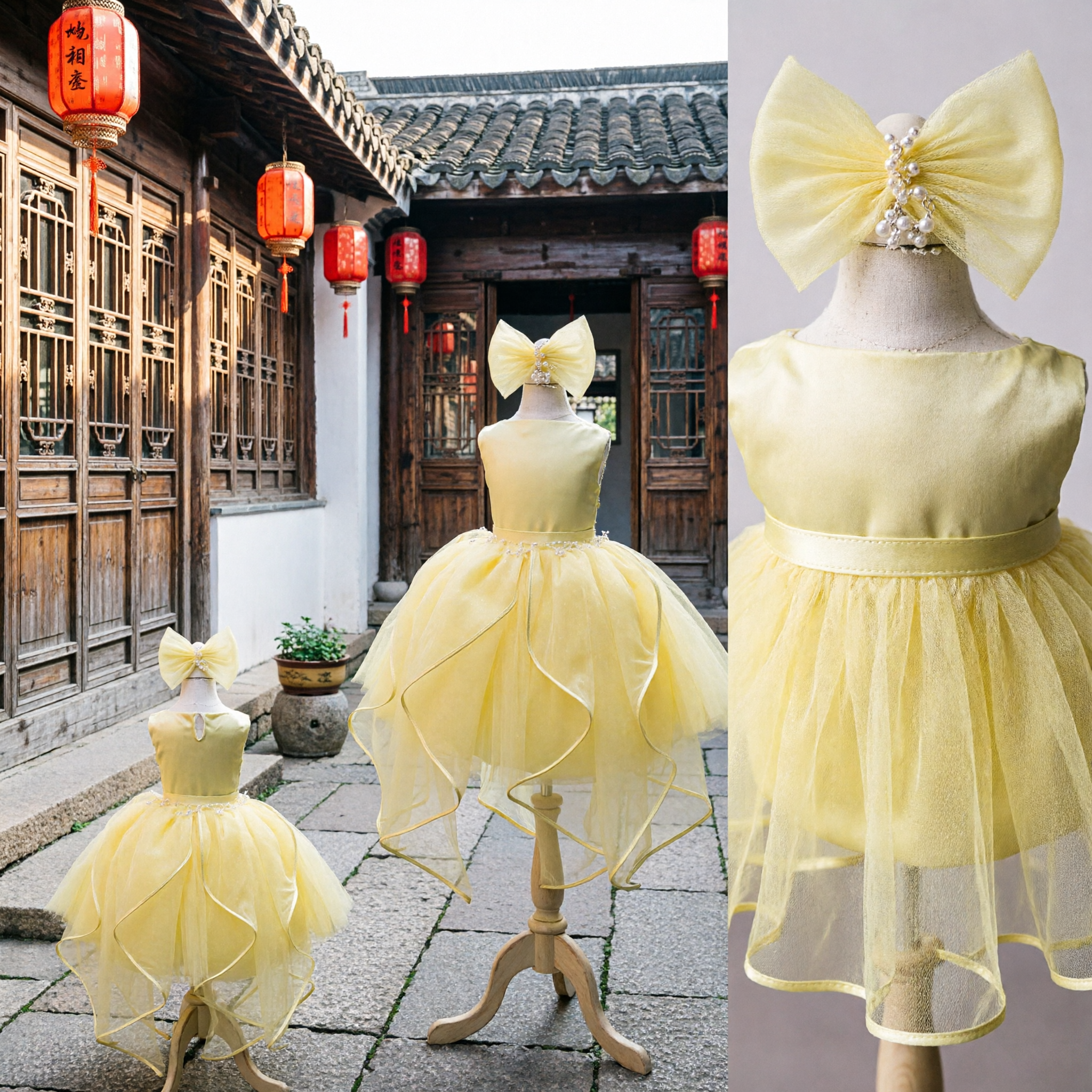 Yellow Princess Flower Girl Dress with Large Bow Headband Beaded Bodice Pageant Gown for Kids