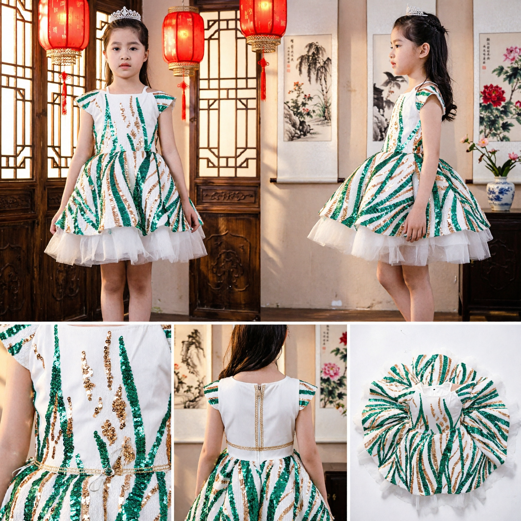 Girls Green and Gold Sequin Stage Performance Dress for Modern Dance Recital and Choir Singing