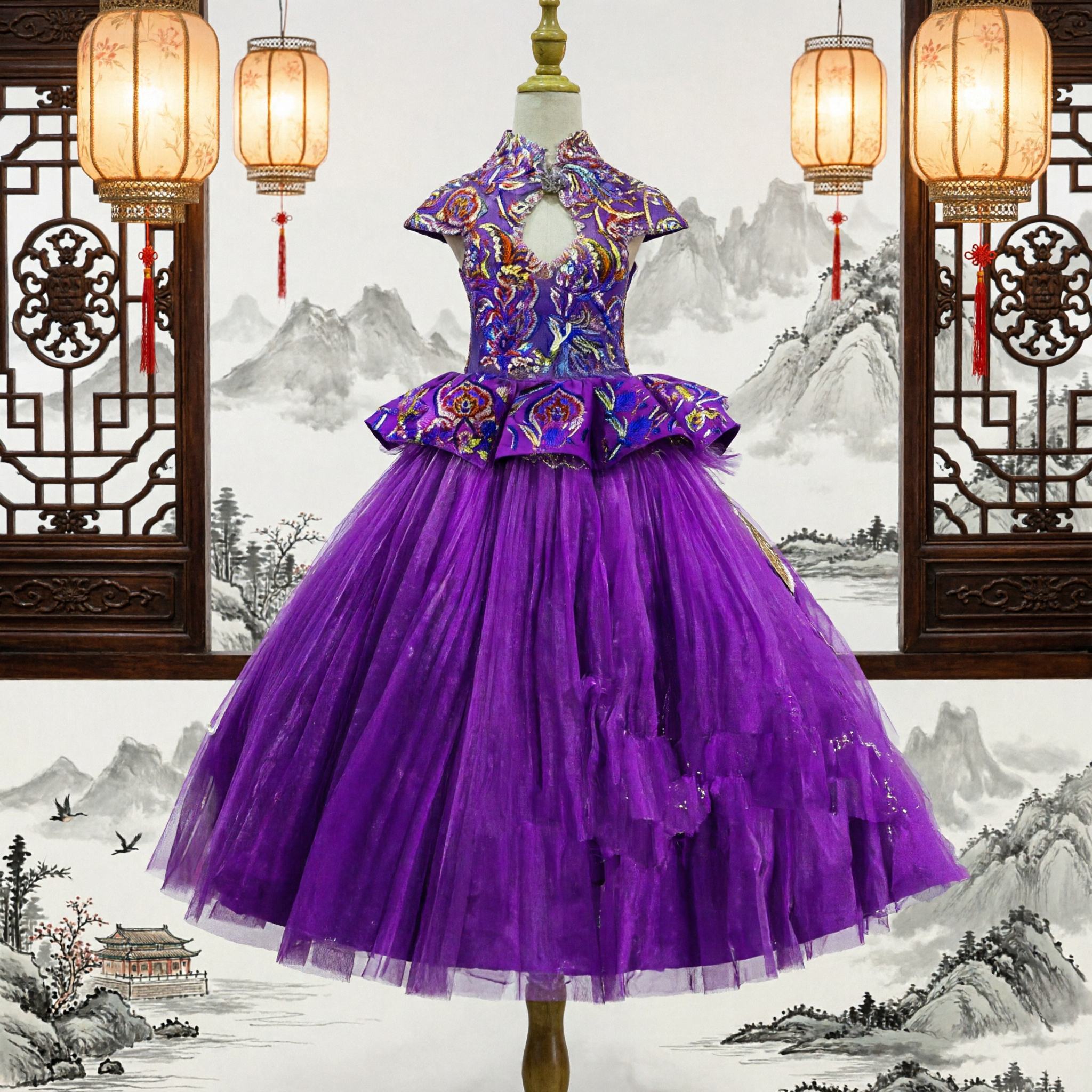 Girls Purple Chinese Style Cheongsam Dress Embroidered Floral Bodice Tulle Ballgown for Wedding Party Performance