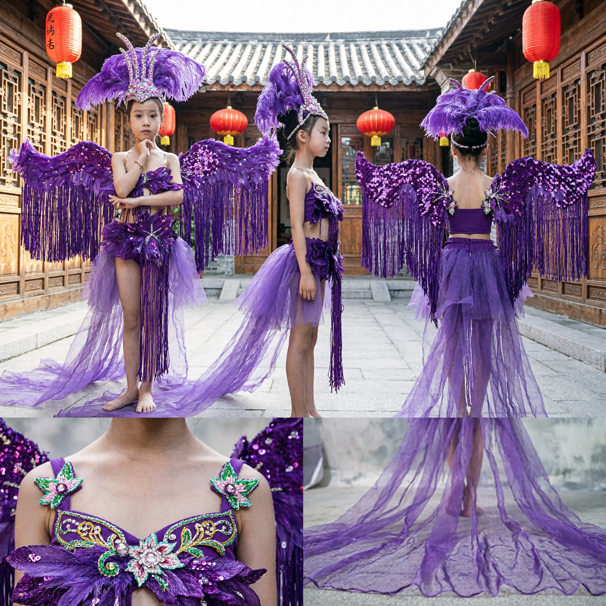 Kids Purple Samba Carnival Costume with Feather Wings Headdress Sequin Dress for Stage Dance Performance