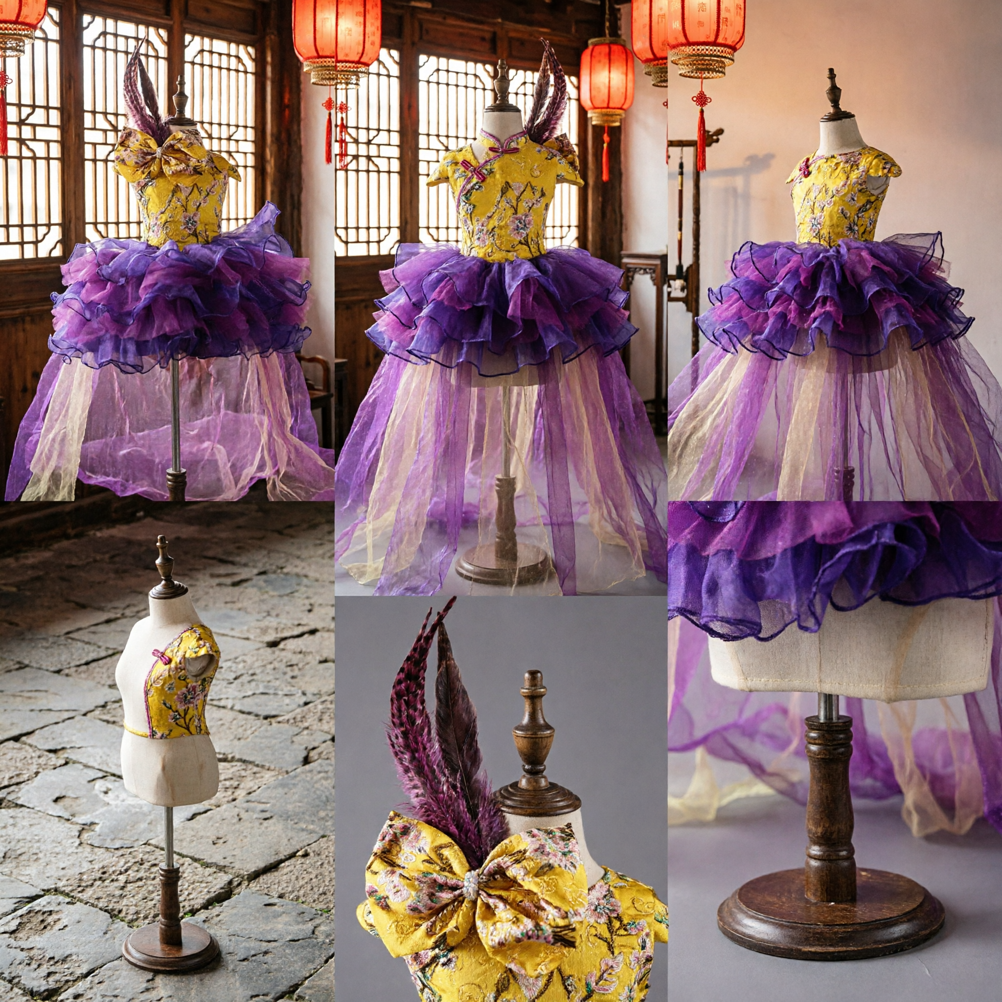 Kids Girls Latin Dance Dress Yellow Floral Bodice Purple Ruffle Skirt Ballroom Performance Costume with Feather Headpiece