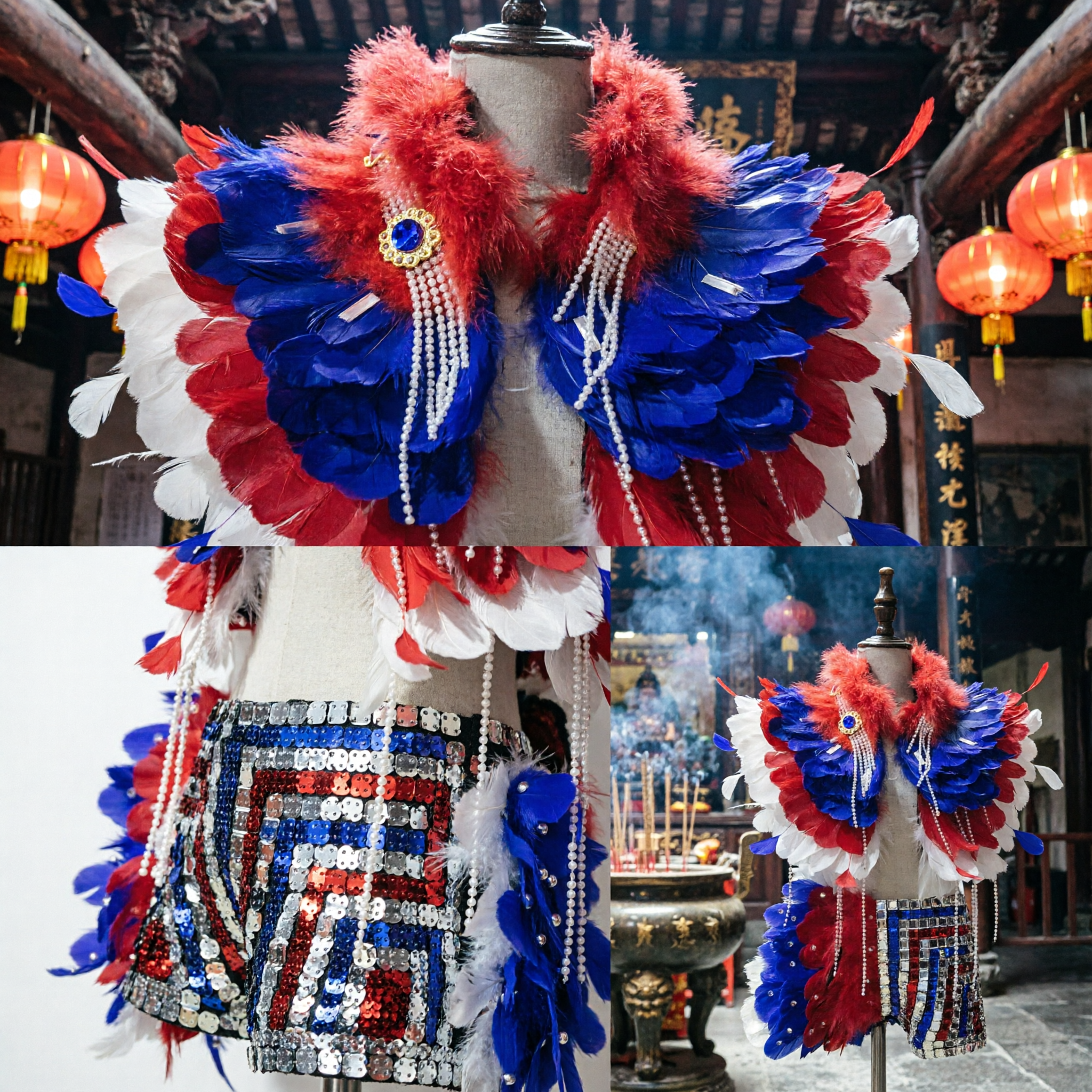 Women's Red White Blue Feather Cape Collar and Rhinestone Skirt for Carnival Parade Stage Performance