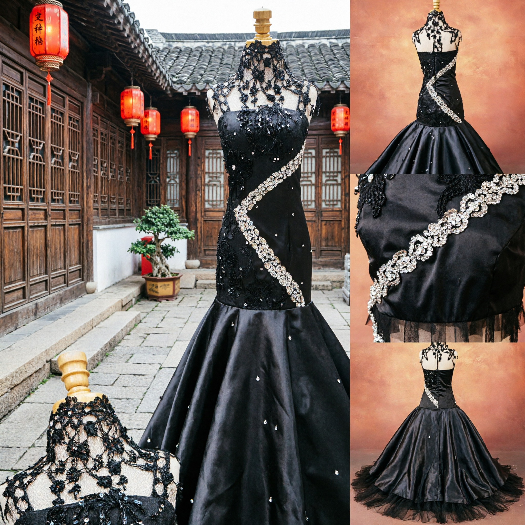 Elegant Black Mermaid Evening Gown with Sequined Sash and Lace Neckline for Formal Galas and Stage Performances