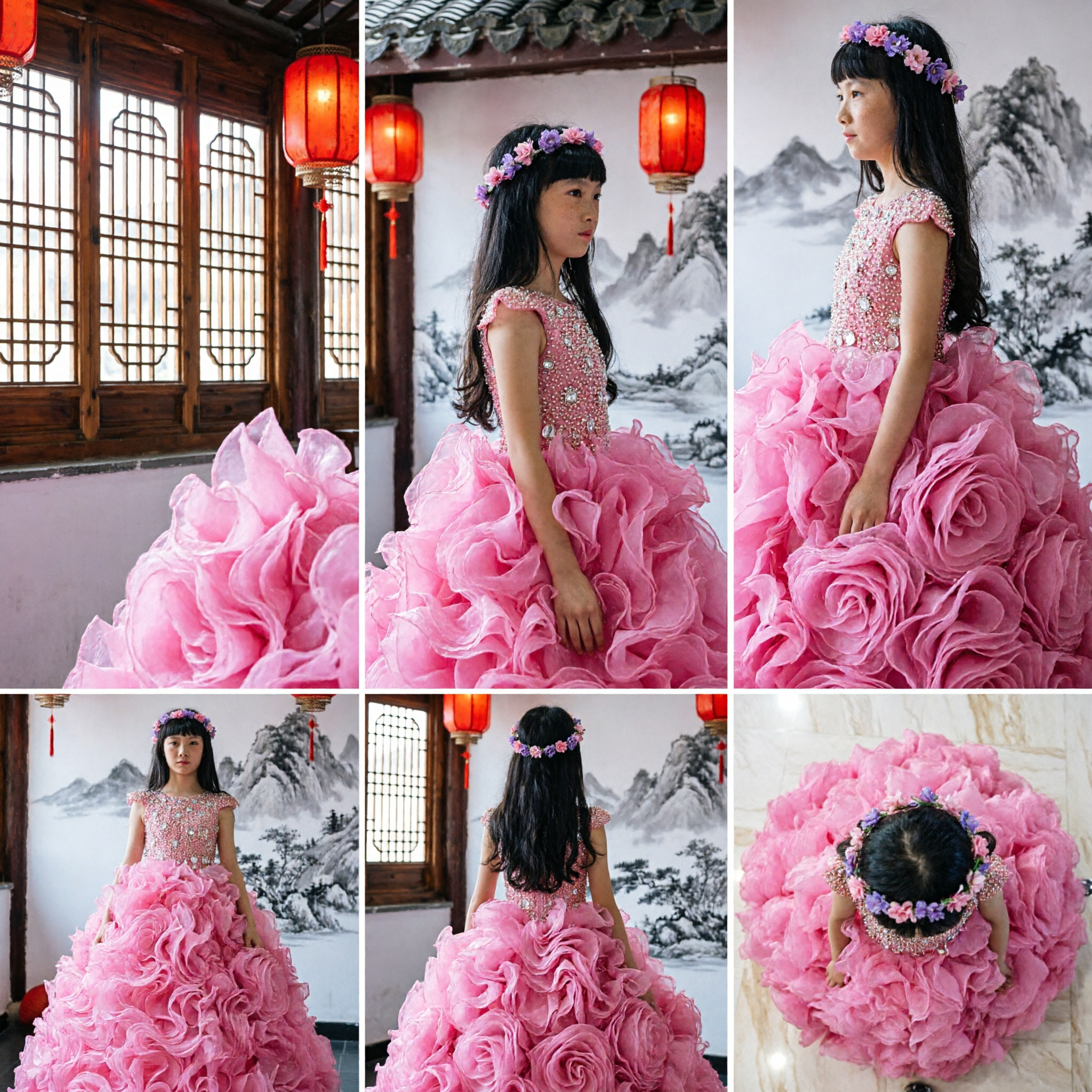 Girls Pink Ruffled Ball Gown Flower Girl Dress for Wedding Pageant Party Formal Performance